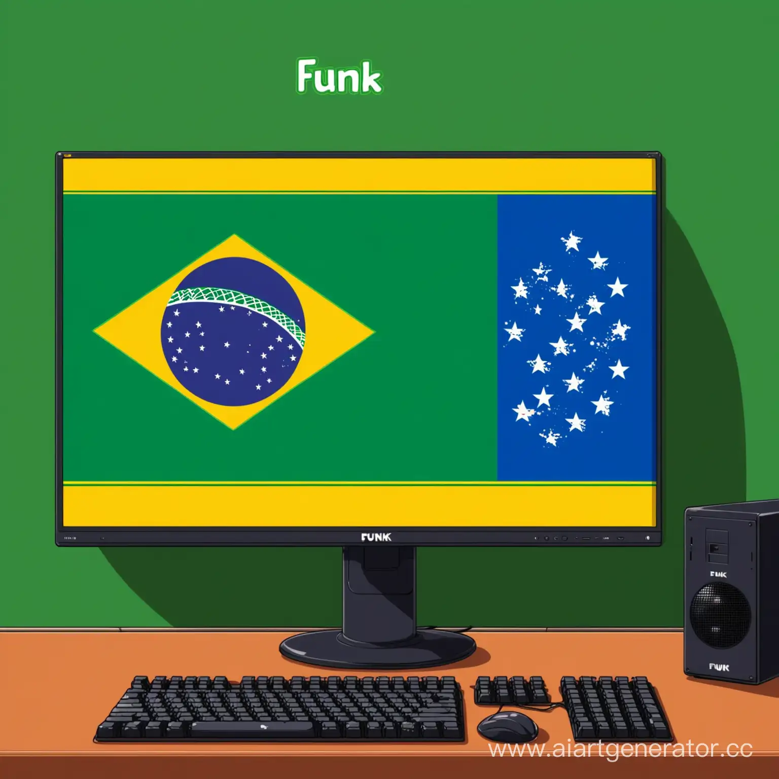 Задний фон аниме ПК с экраном, в экране: бразильский флаг, и снизу экрана подпись: FUNK