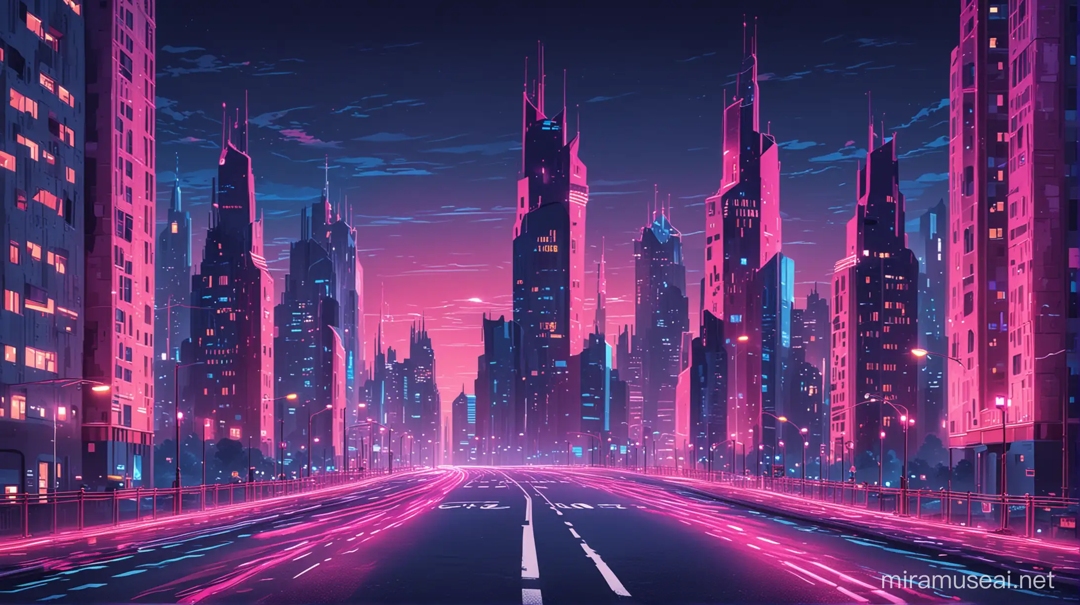 night cartoon modern city road in blue, pink lights around the towers