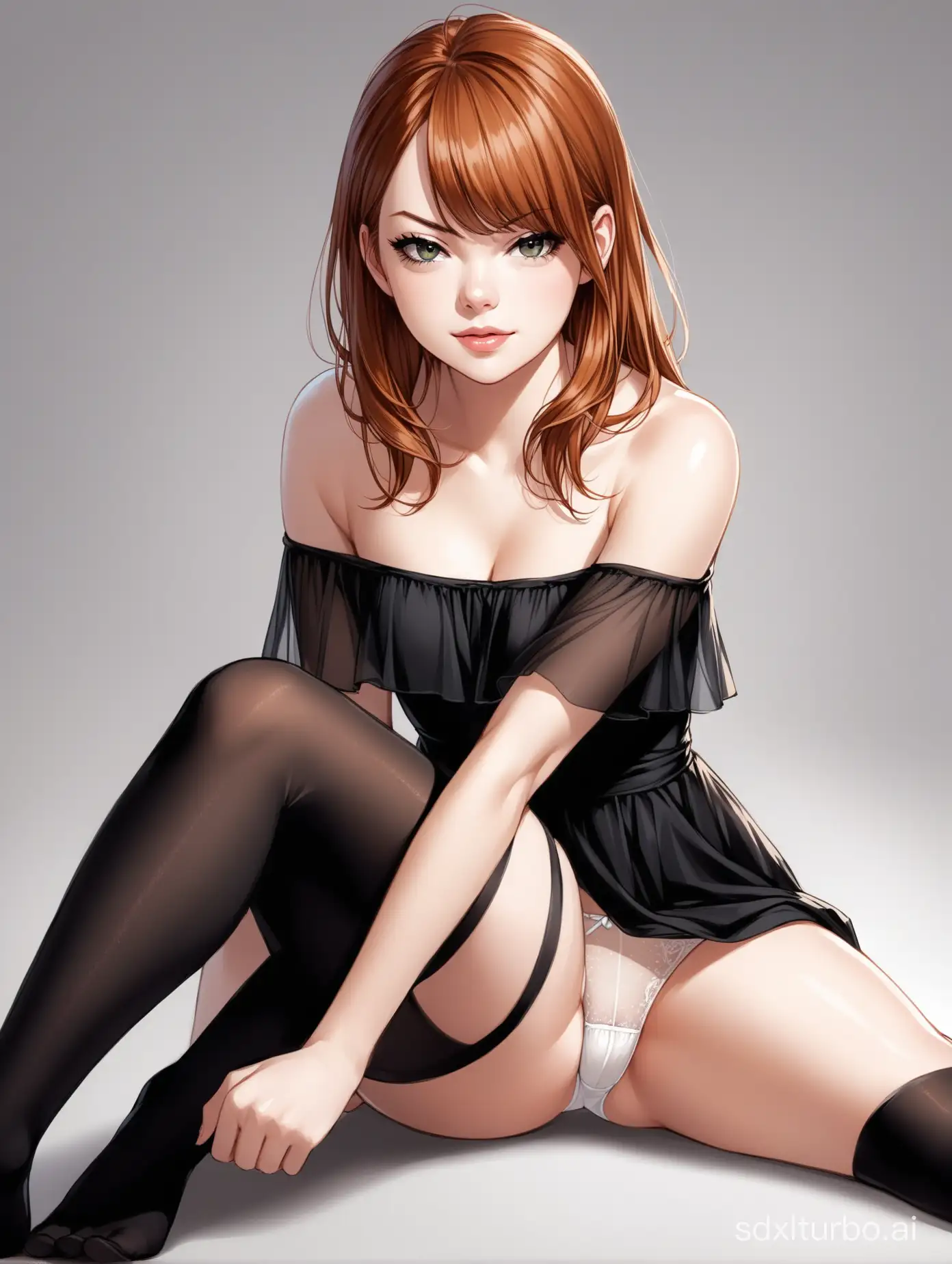 Disdainful-Girl-Sitting-in-Black-Dress-and-Stockings