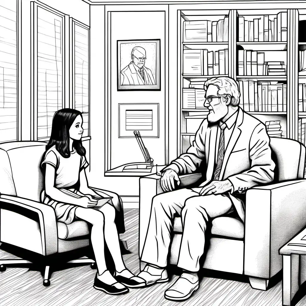 black and white drawing of teen girl dressed in white talking with an adult psychologist dressed in white in his office all white for coloring