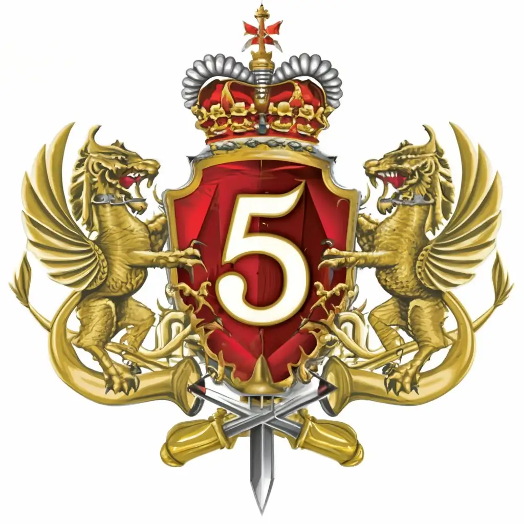 a logo design, with the text '5', main symbol: regiment emblem, shield shaped, daggers, skulls, snakes, wings, crown, historic, England national colors, calligraphy, white background, Moderate, clear background