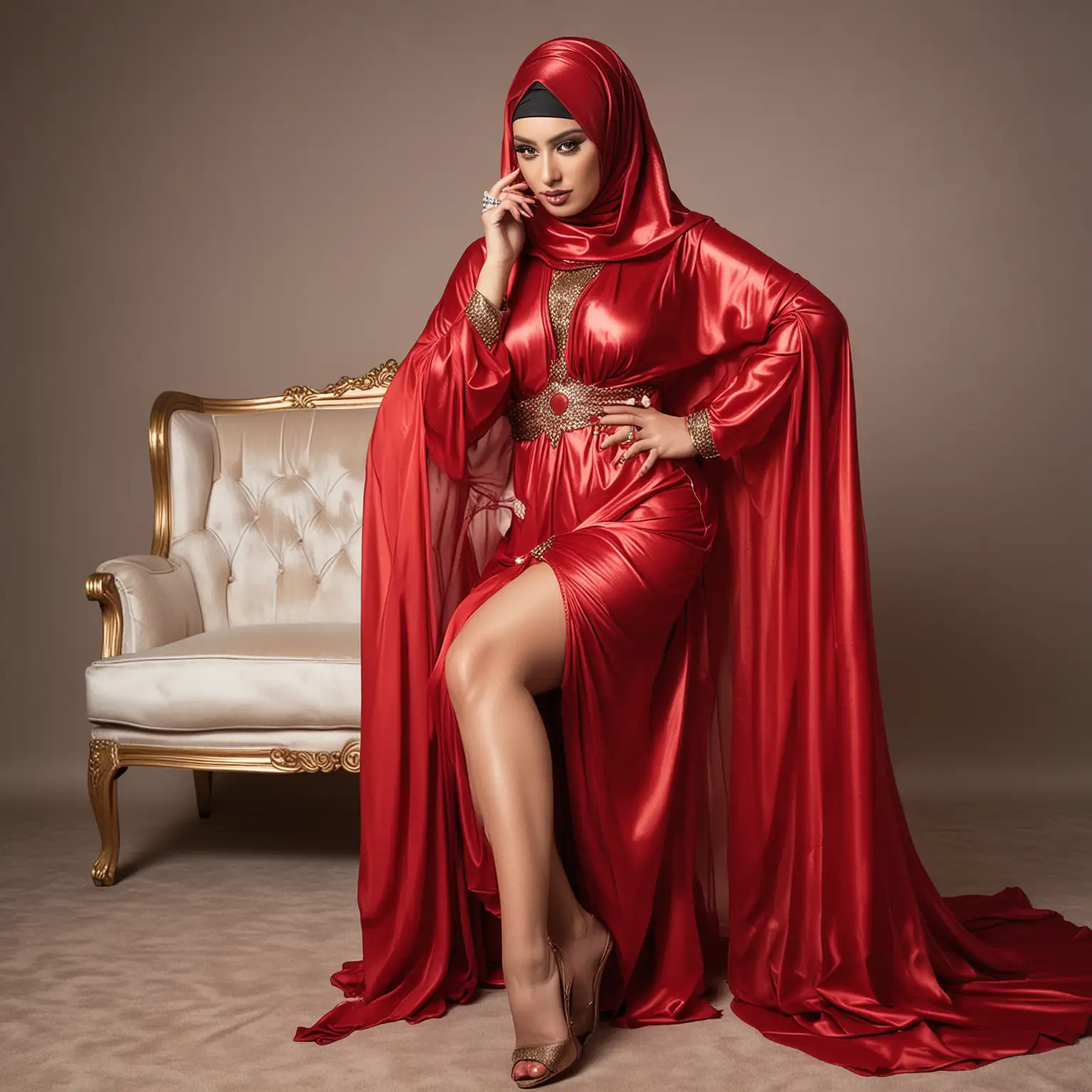 Fair Niqabi Arab Muslimah in heavy makeup wearing a red shiny metallic silk chiffon hijab and expensive kaftan. The metallic niqab’s long, loose, drapey fabric hides her face and she’s wearing 5” Louboutin patent leather heels 