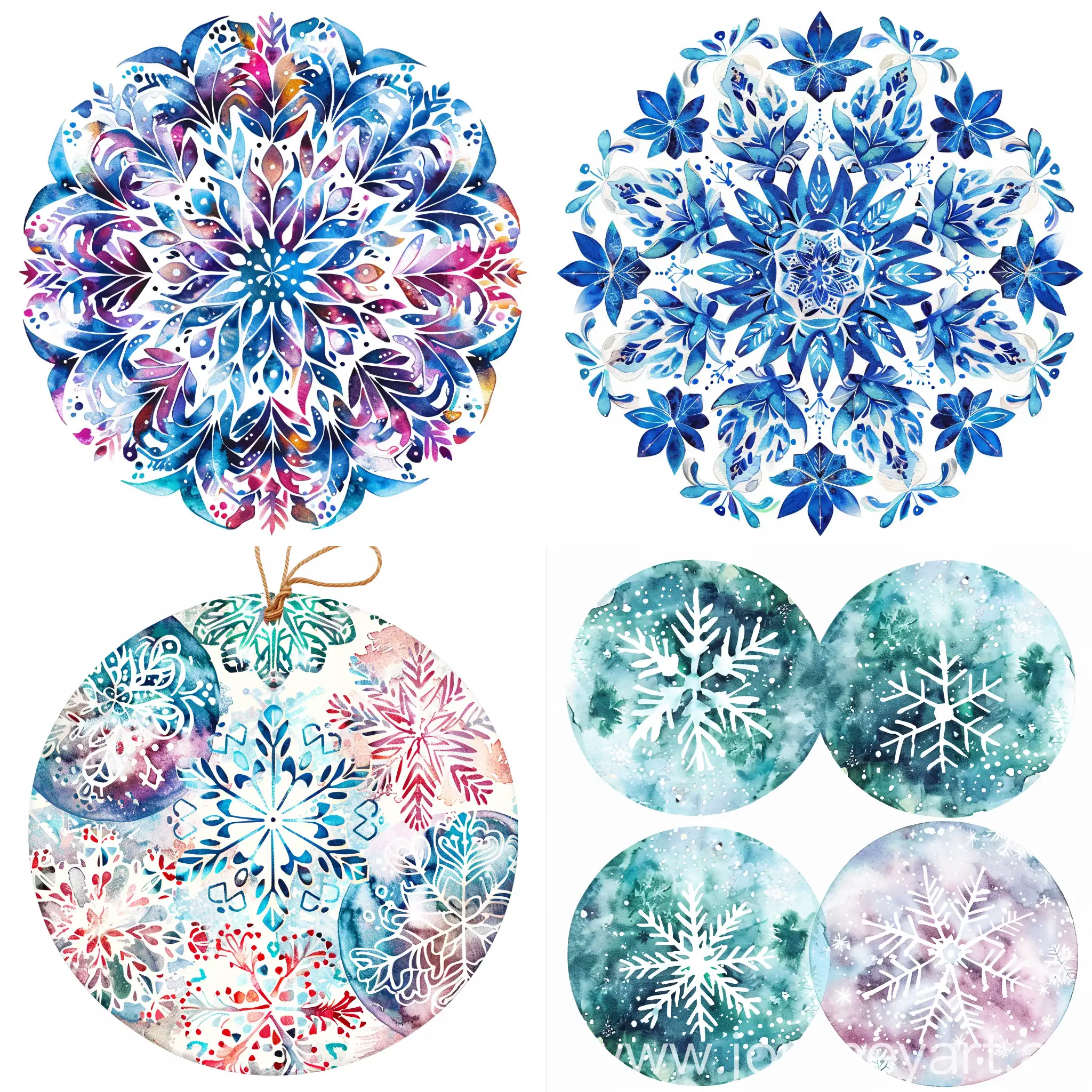  symmetrical round ornaments, ornament theme is winter with snowflakes, on a white background, vector style, watercolor, decorative, flat drawing