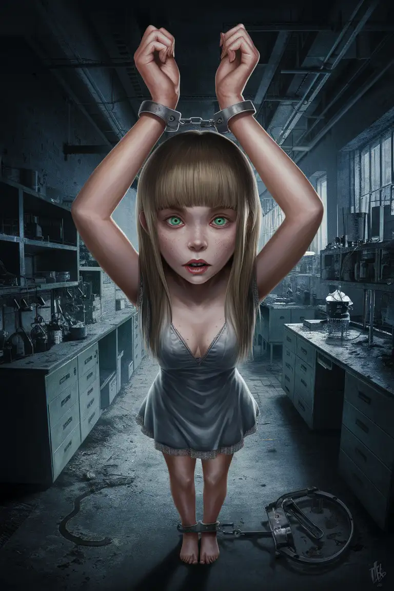 a beautiful girl, long blonde straight hair, green eyes, She is wearing a  short dress, She is in an abandoned laboratory for experiments ,her hands are handcuffed above her head, she looks desperate