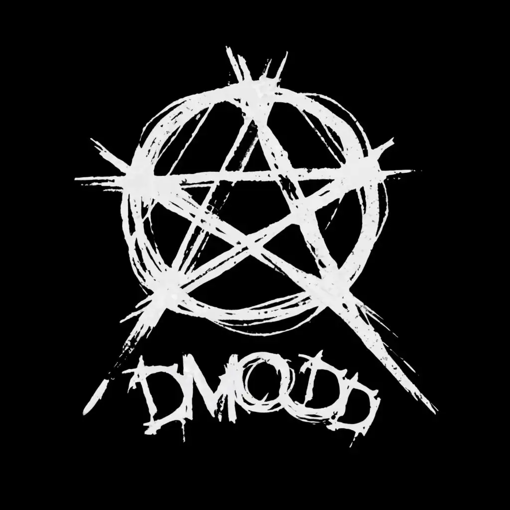 logo, like a dark mysterious anarchy symbol representing streetwear and black culture, with the text "DMOD", typography