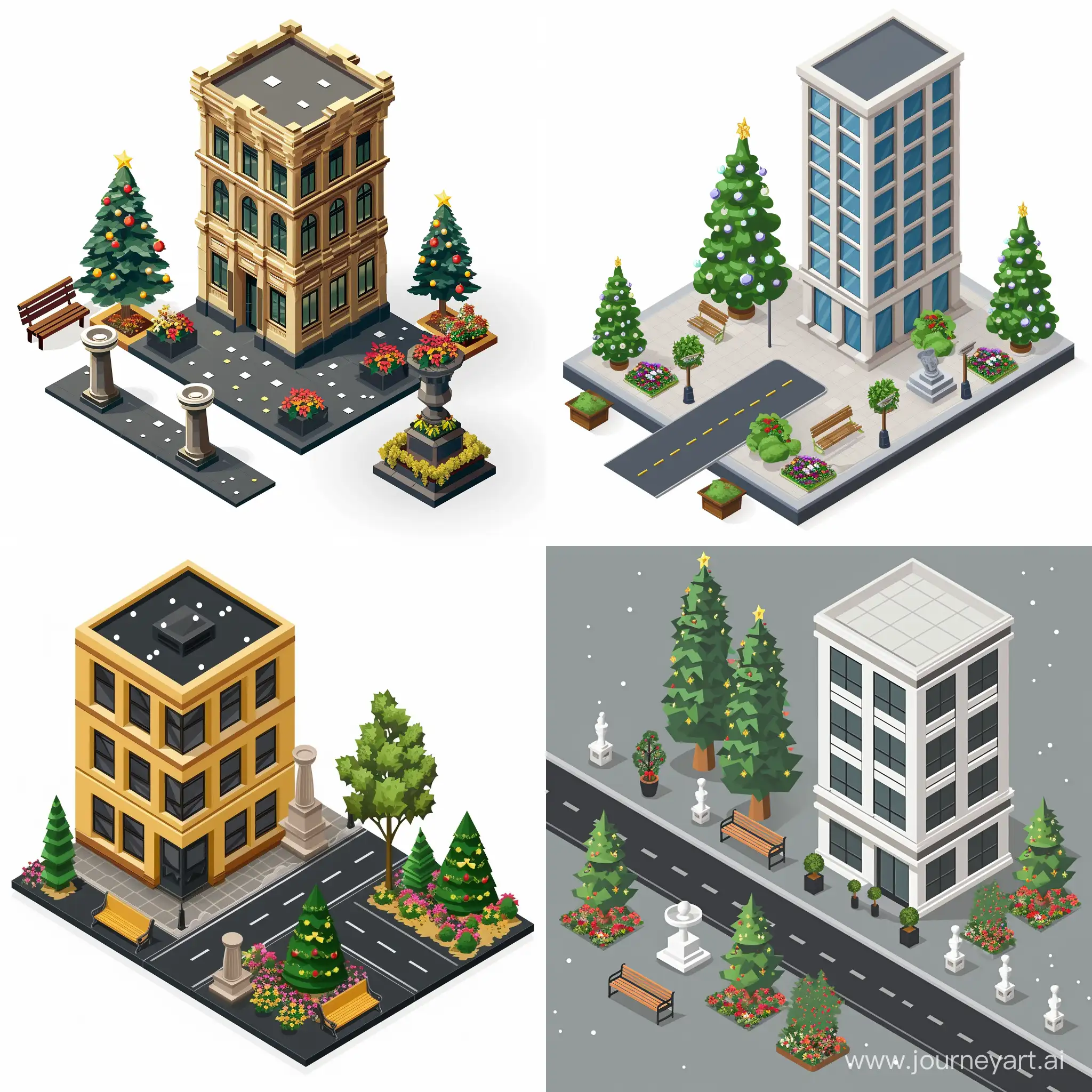 an isometric building in an urban style next to urns, benches, flower beds, trees and Christmas trees. Road. In a minimalist vector style