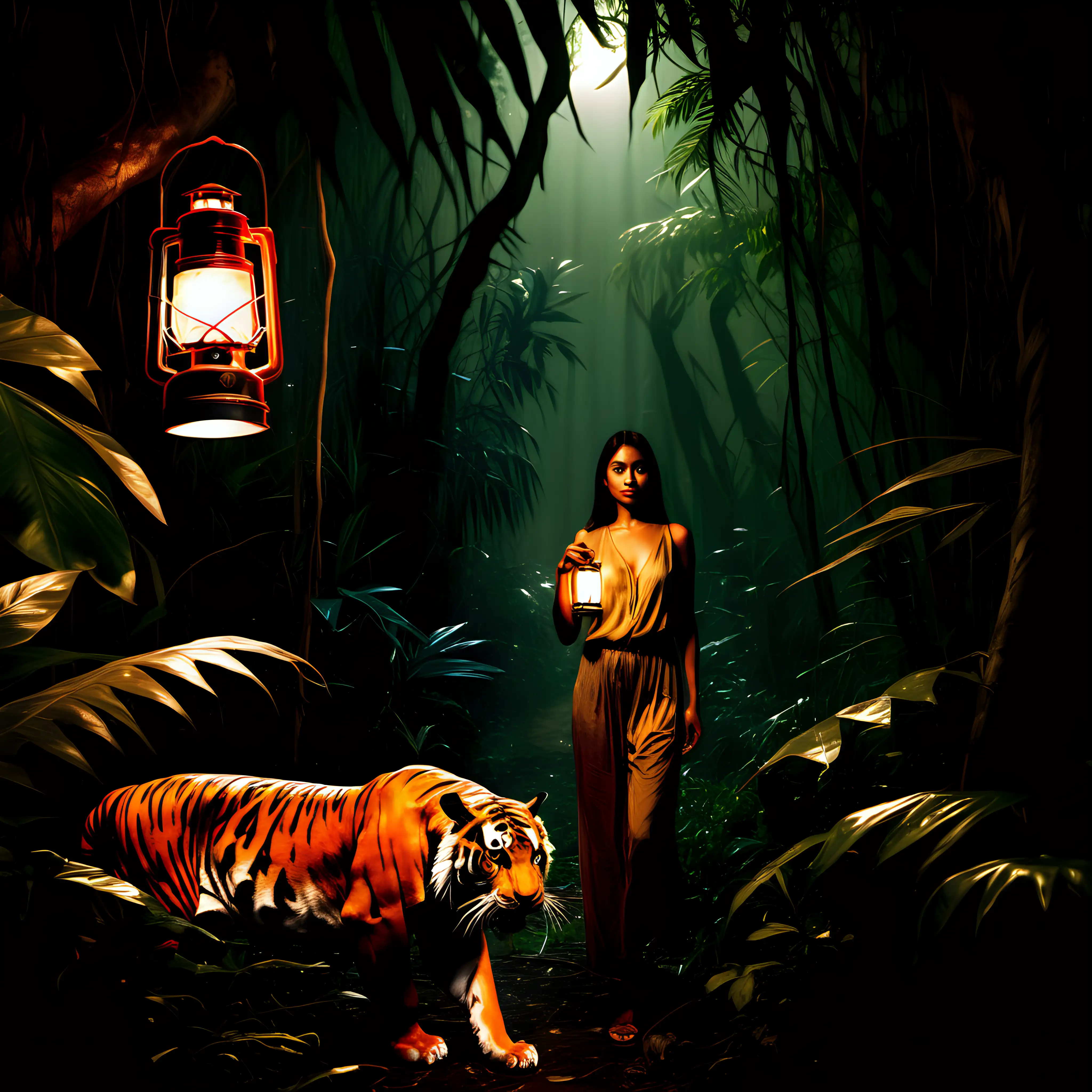 lady in jungle with lantern light, tiger in the shadows