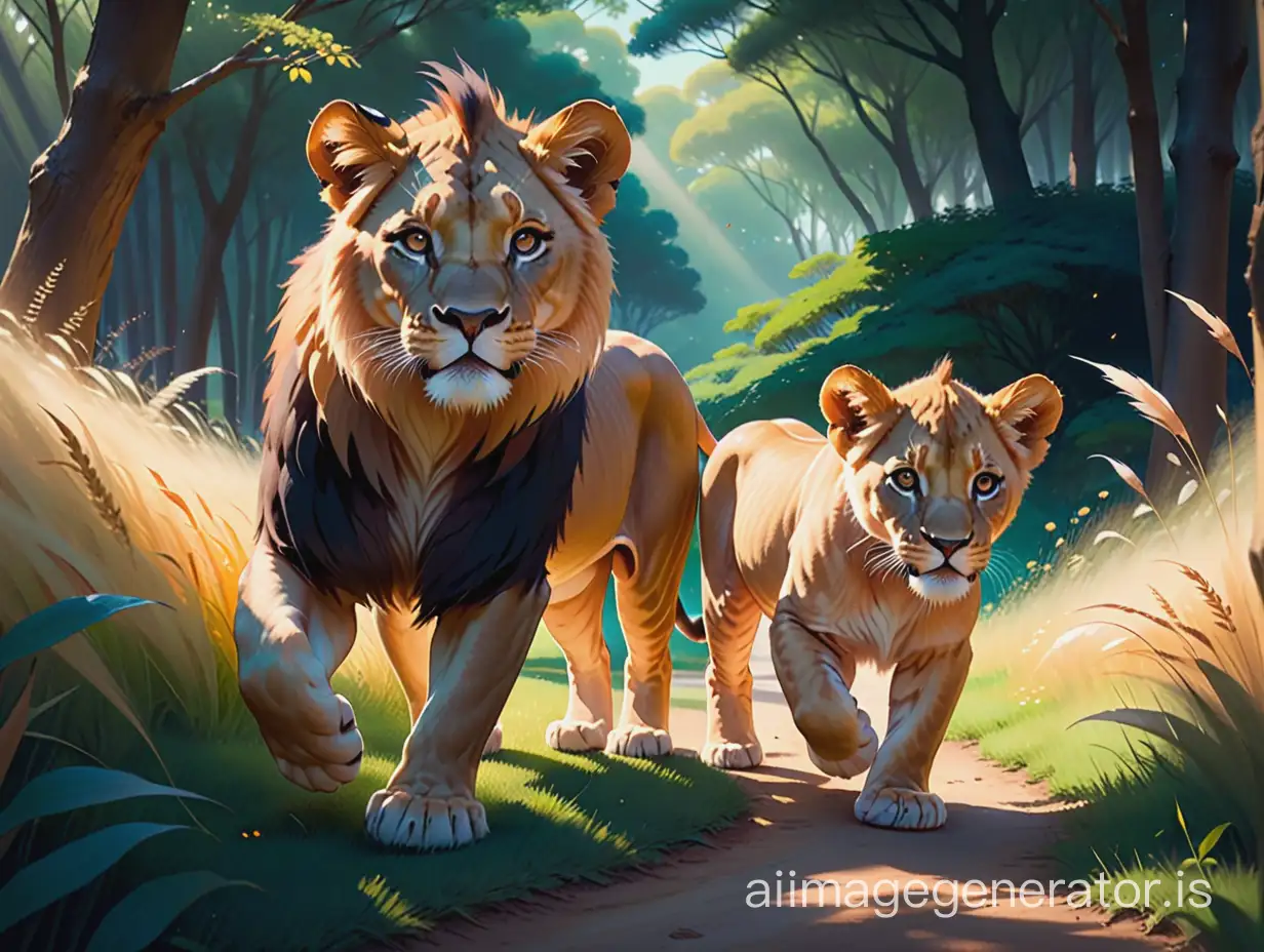 Baby lion approaching its lion parents, Boswell style realism in the clarity of pristine fur, delicate watercolor shadings, Rhads & Beeple inspired atmosphere, expanded palette and light manipulation from Makoto Shinkai's turf, misty, ethereal. Scintillating colors cascading from Lois Van Baarle's hand, swirling brushes and Ilya Kuvshinov's idiosyncr