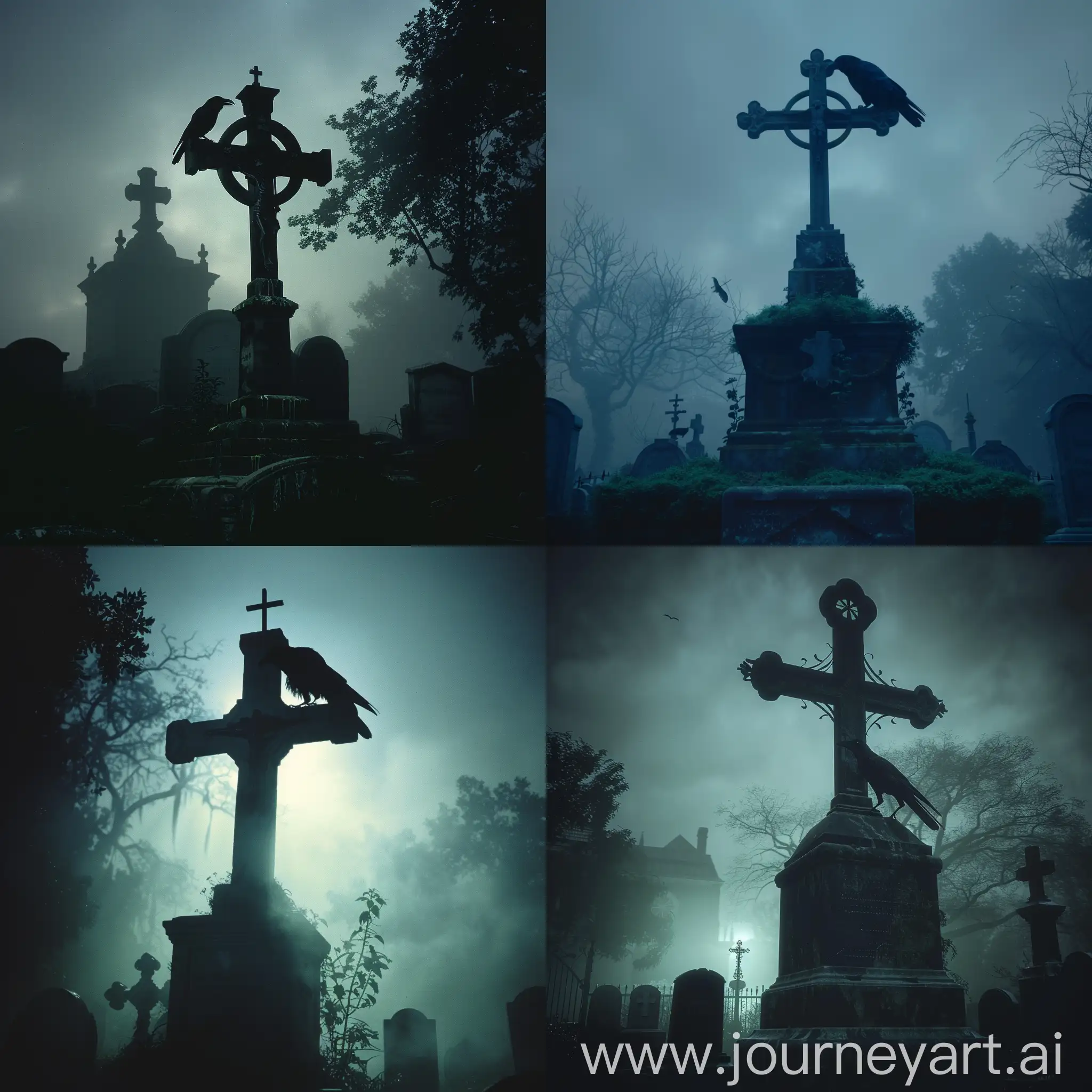 A dark cemetery at midnight, a big cross on a grave, a raven on the cross, foggy, gothic style environment, dawn, vhs, creepy, dramatic lighting