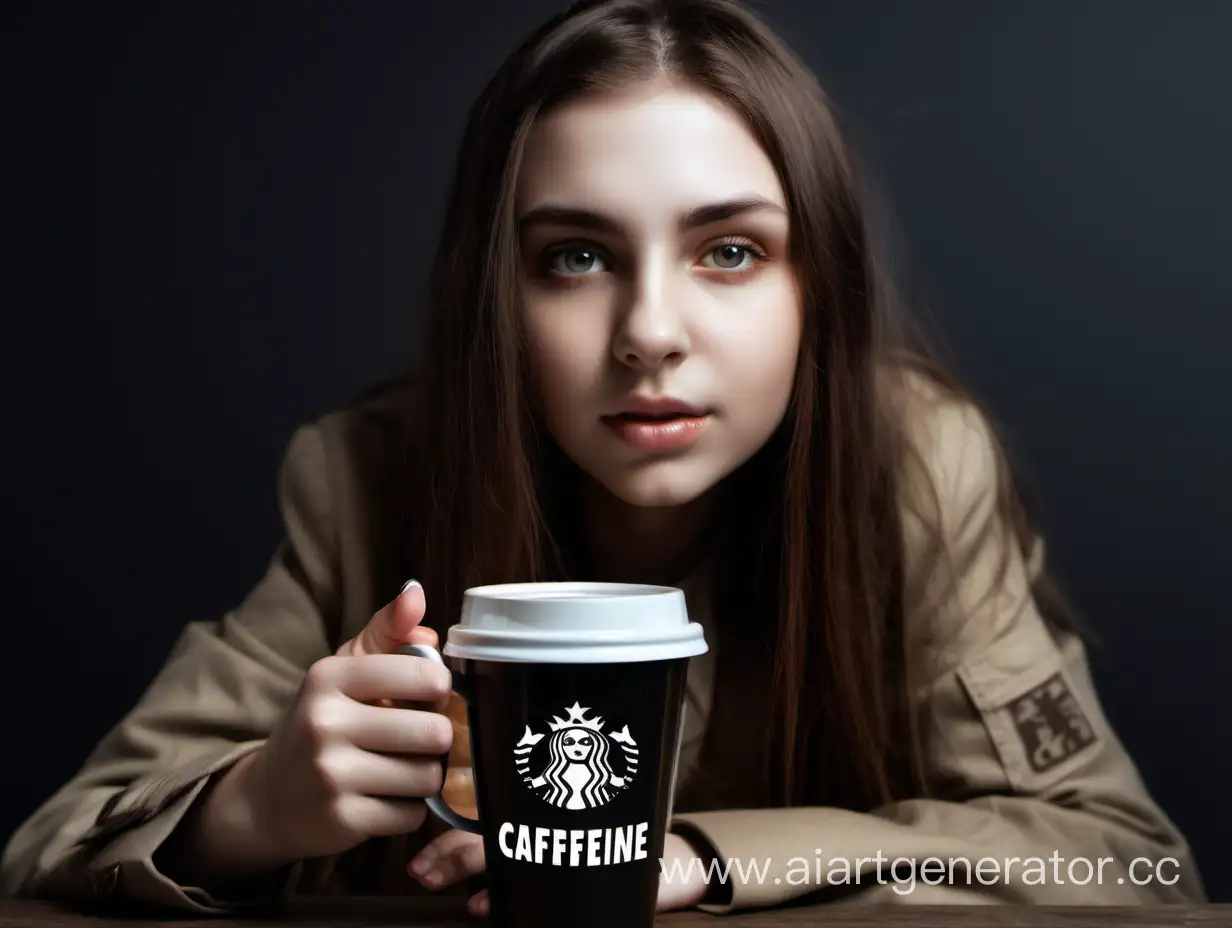 A girl at war is sitting in her hands with coffee on the glass it says CAFFEINE