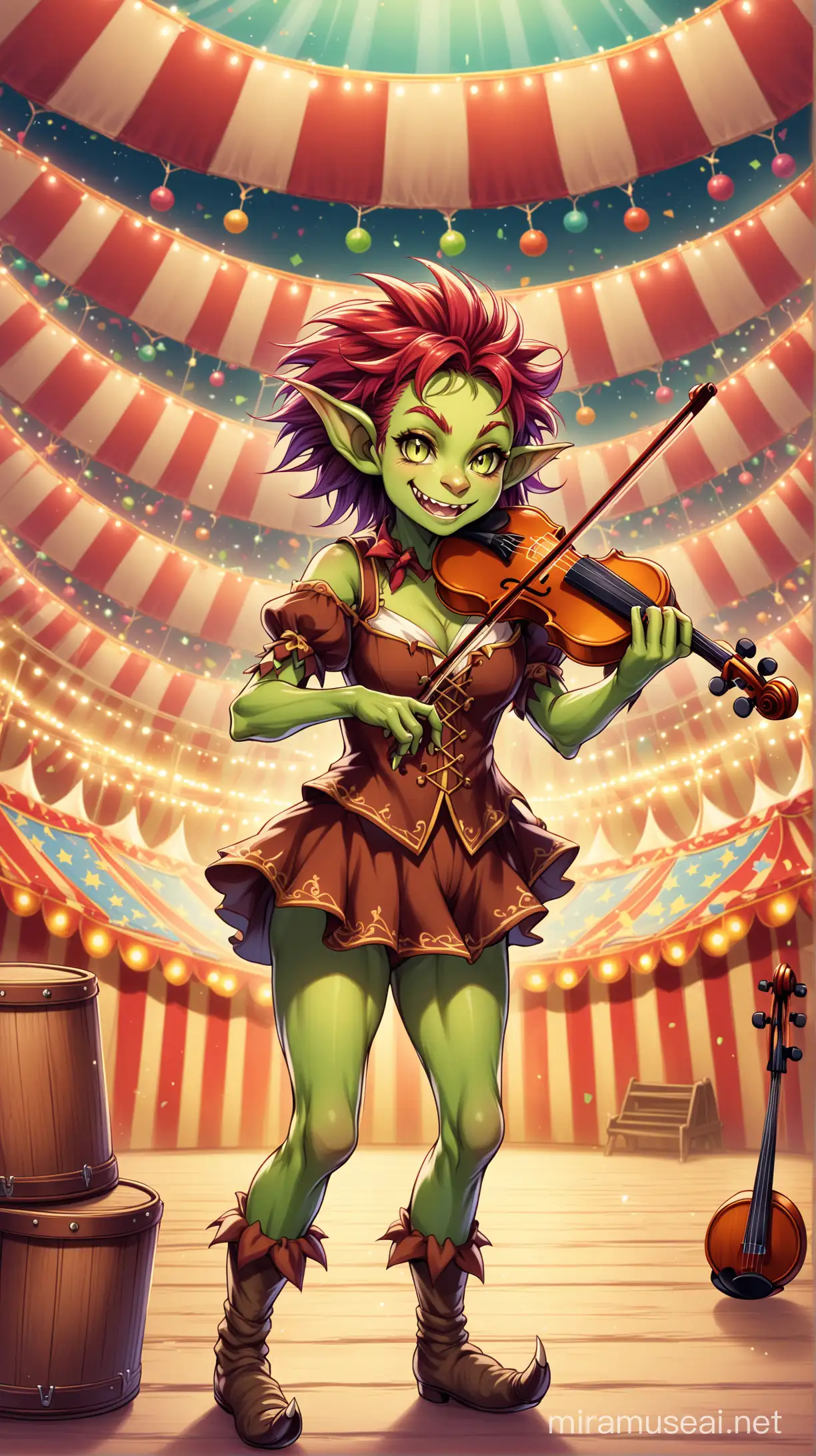 Cute female goblin bard with crazy hair and a violin against a circus background