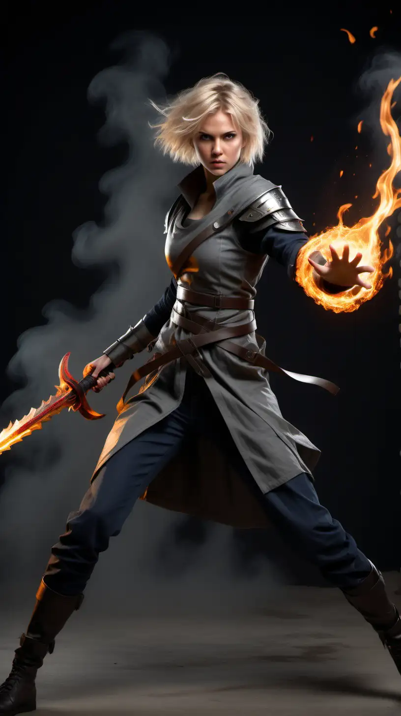 Photo realistic Pretty young tall, fit, short messy blonde hair, female spellsword, full body, in fighting stance, with fire powers, gray clothing