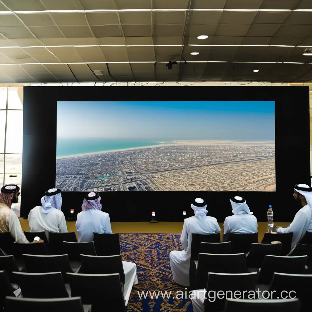 Арабы из эмиратов сидят над презентацией у экрана большого 