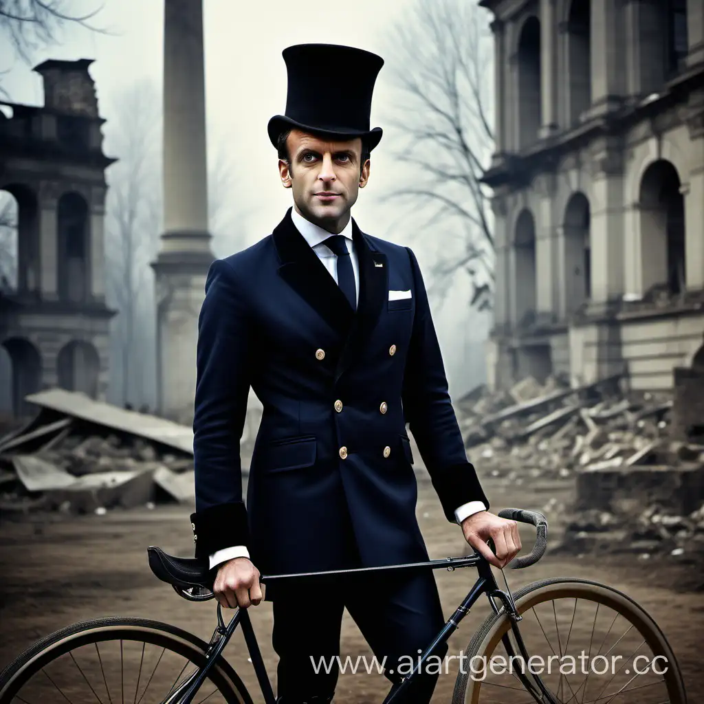 Portrait of a beautiful semi-naked Emmanuel Macron in silk stockings. In a luxurious modernist dress. Instead of a hat, he has a large bicycle wheel on his head. He looks to the right and into himself. All this against the background of the ruins of the English regular park. The end of the 19th century. One universal light source. Fog. Evening. Everything is designed in the style of vintage black and white photographs.
