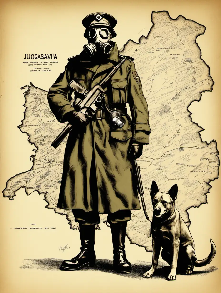 Yugoslavia Map Depicted with Gas Mask Soldier and Dog Holding Gun Sketch