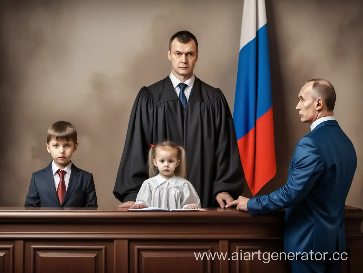 Нарисуй картину: Судья стоит справа за трибуной на фоне флага России, выносит приговор. Родители в обычной одежде стоят слева спиной, держат за руку ребенка, смотрят на судью, реализм, высокая детализация