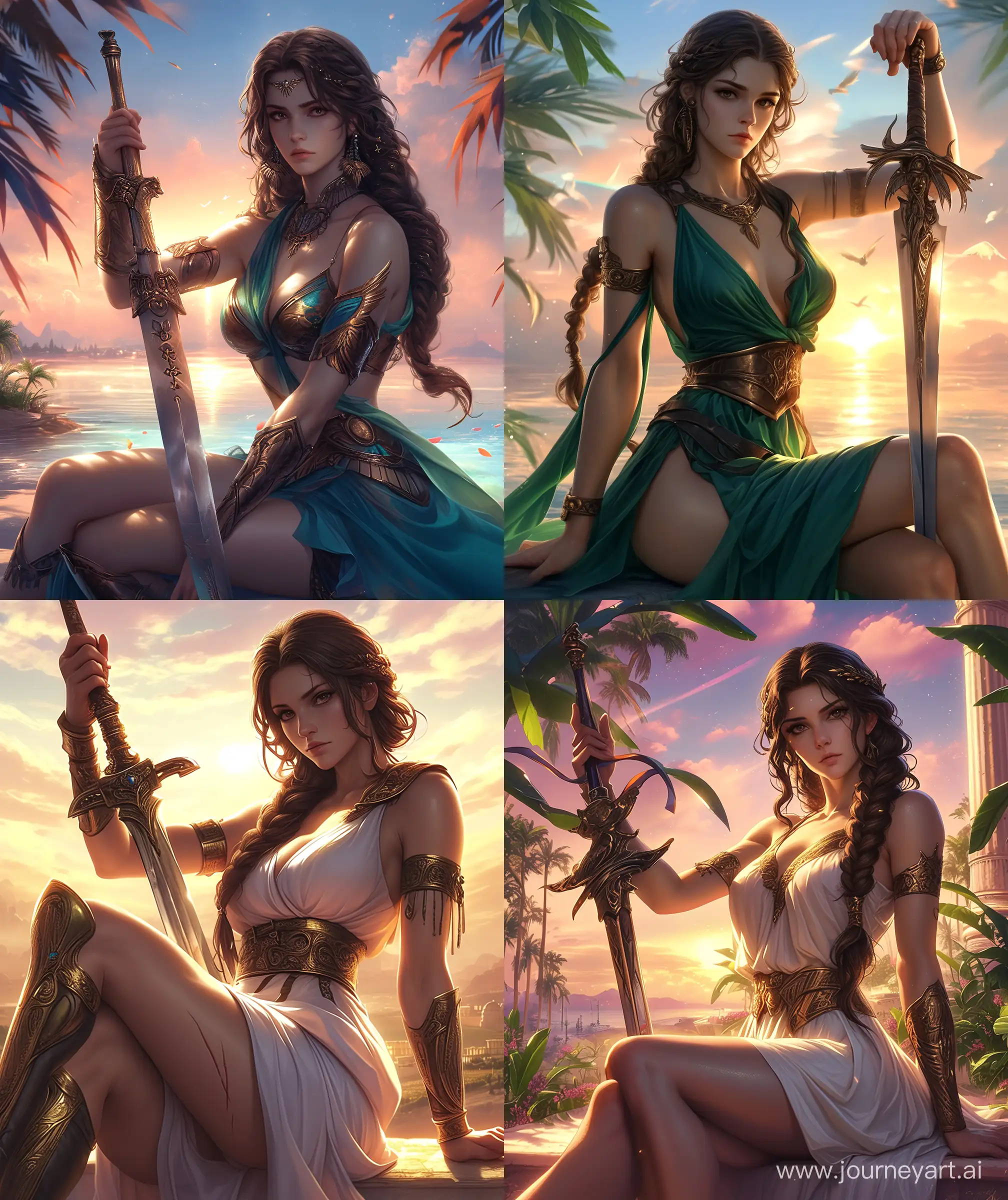 Beautiful woman , semi realistic, Greek goddess Athena inspired woman,  beautiful, and warrior, beautiful brown braided hair, brown eye, holding a sword, beautiful crafted sword, barbarian attires, but her look Greek goodness style, sit on Oasis, evening time, conquer the world, beautiful view, confident face, beautiful look, --ar 27:32 --niji 6