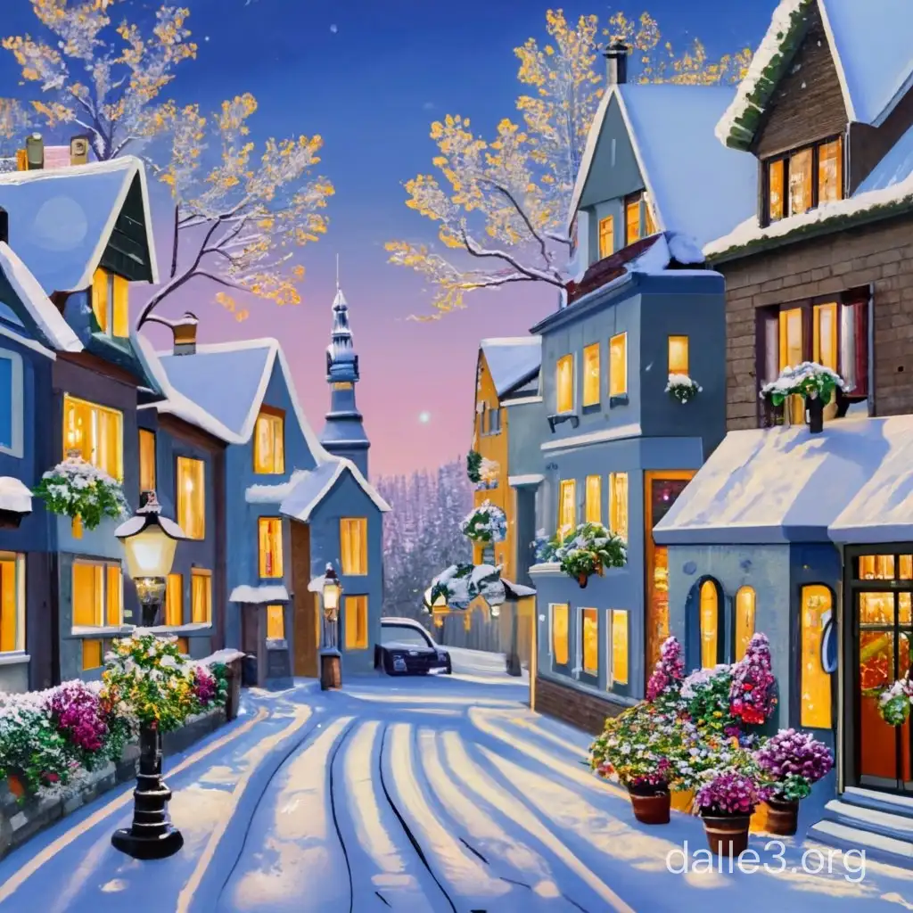 dreamlike 
snowy, cosy street 