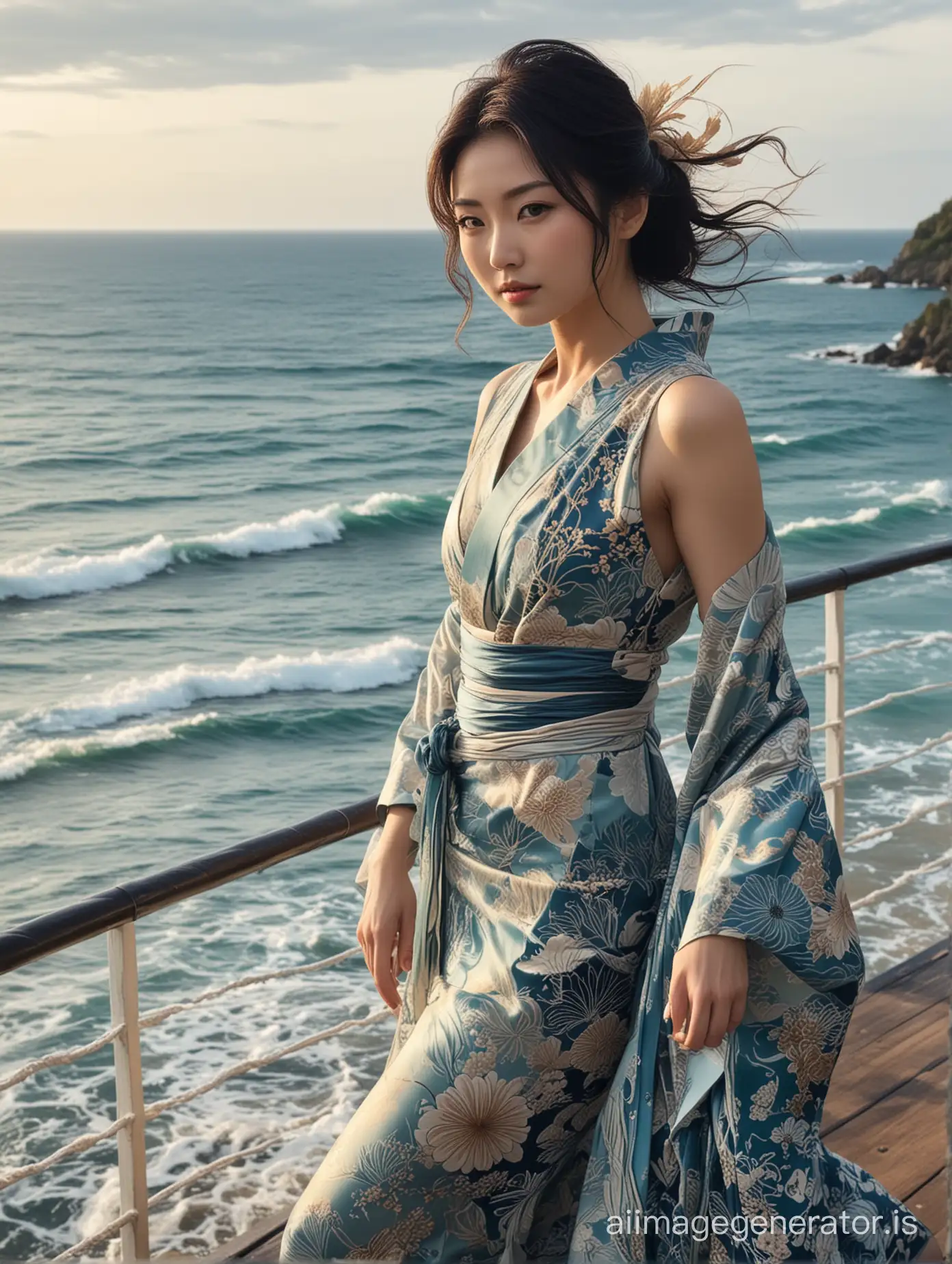 a glamorous bewitching japanese, best proportion, (close-up ocean view)