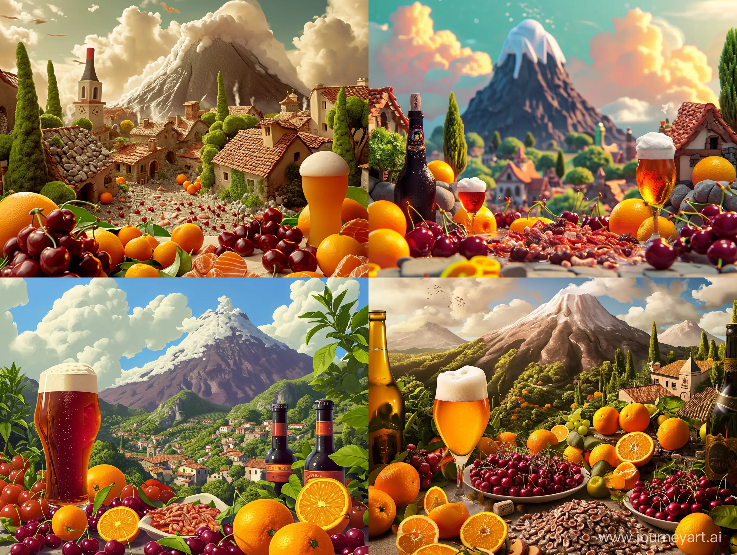 vulcano, paesino, arance, ciliegie, alici, vino, birra Henninger, disney pixar style
