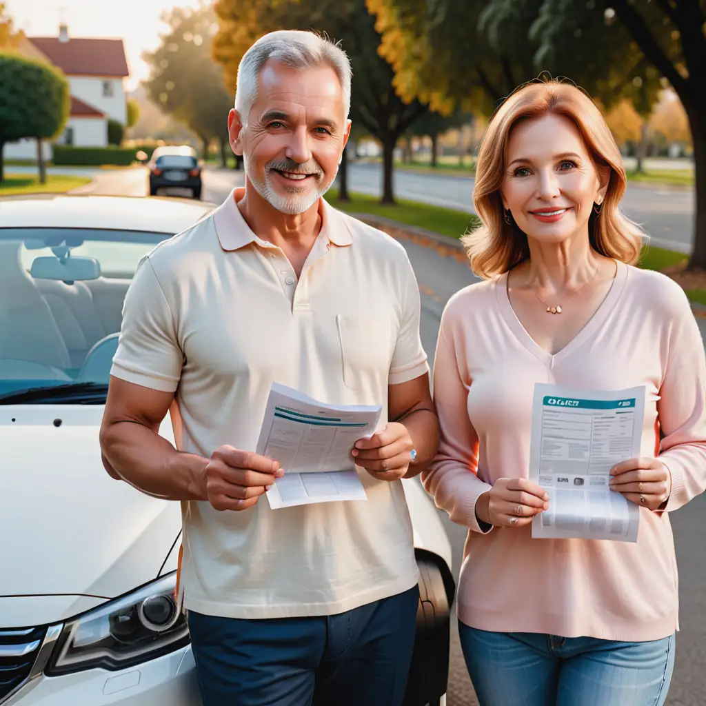 An good looking older husband and wife who is standing infront of their car holding a piece of paper showing their car insurance is cheaper now than it used to be