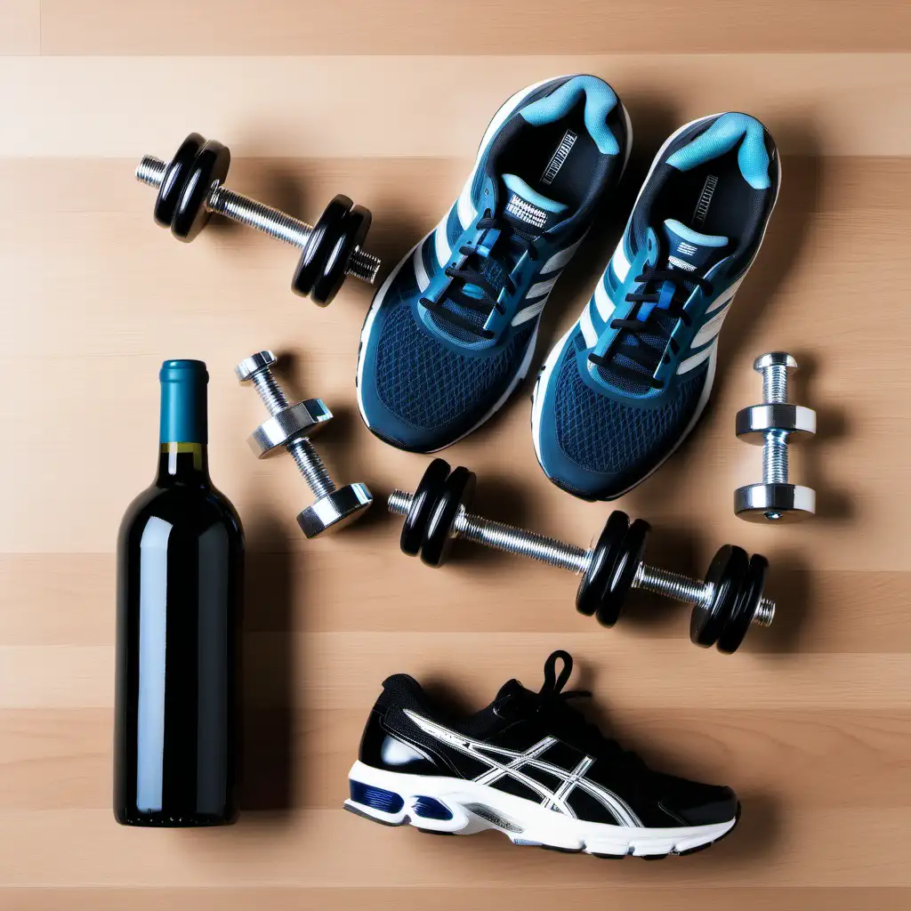 Fitness Enthusiasts Reward Wine Dumbbells and Running Shoes