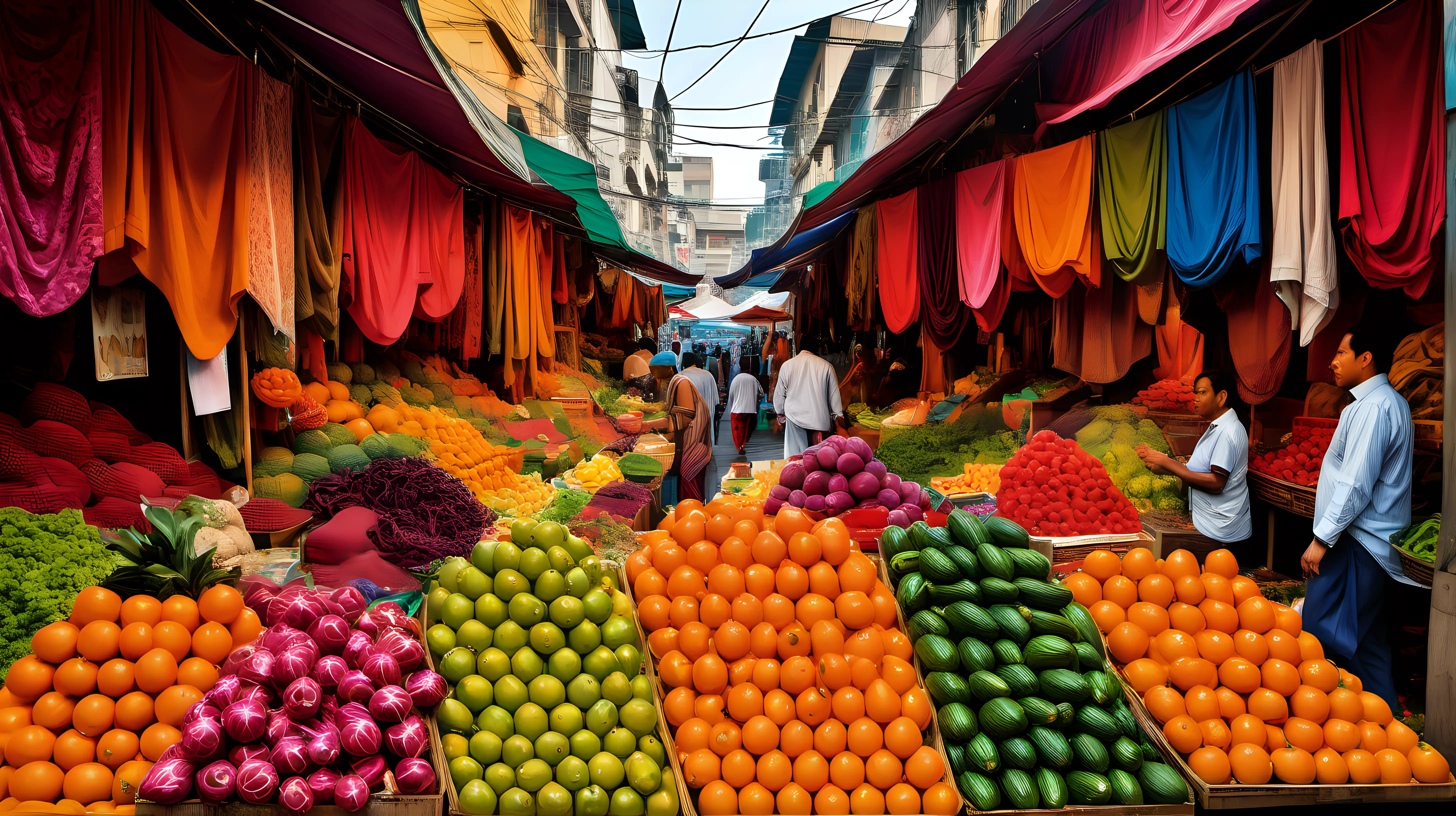 Vibrant Market Scene Overflowing with Fresh Produce and Textiles