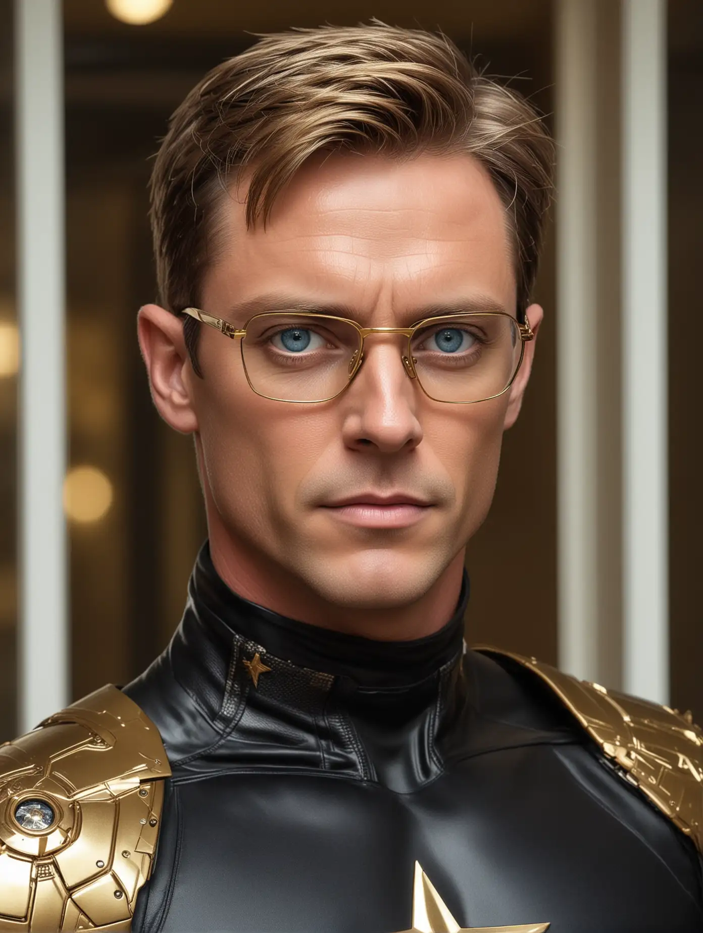A handsome and well-built body man with a fair complexion. This summer beauty. About 40 years old. Blue eyes with gold space glasses. Short, styled dark blonde hair. Light, short stubble. Square face and serious expression looks out the window. Dressed in a black bionic outfit from another planet with a gold star on his shoulder.