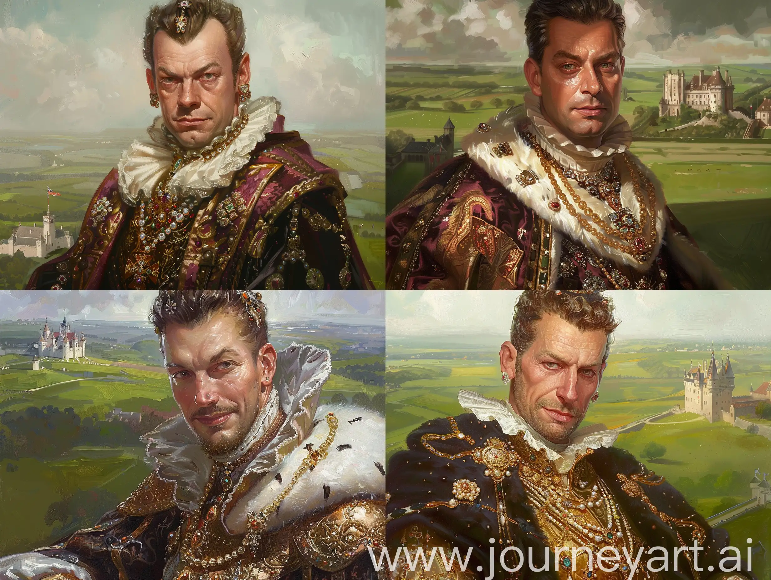 a slick oil painting. a mid shot portrait of King Henry The Eighth in the stle of a Boris Vallejo painting . Regal distinguished pose. wearing more jewels than ever and extremely luxurious clothes. he is looking handsome with warm shiny eyes and a subtle slight smile . he  has a very full physique in the background  we see green pastures and a castle . portrait ratio 4.3