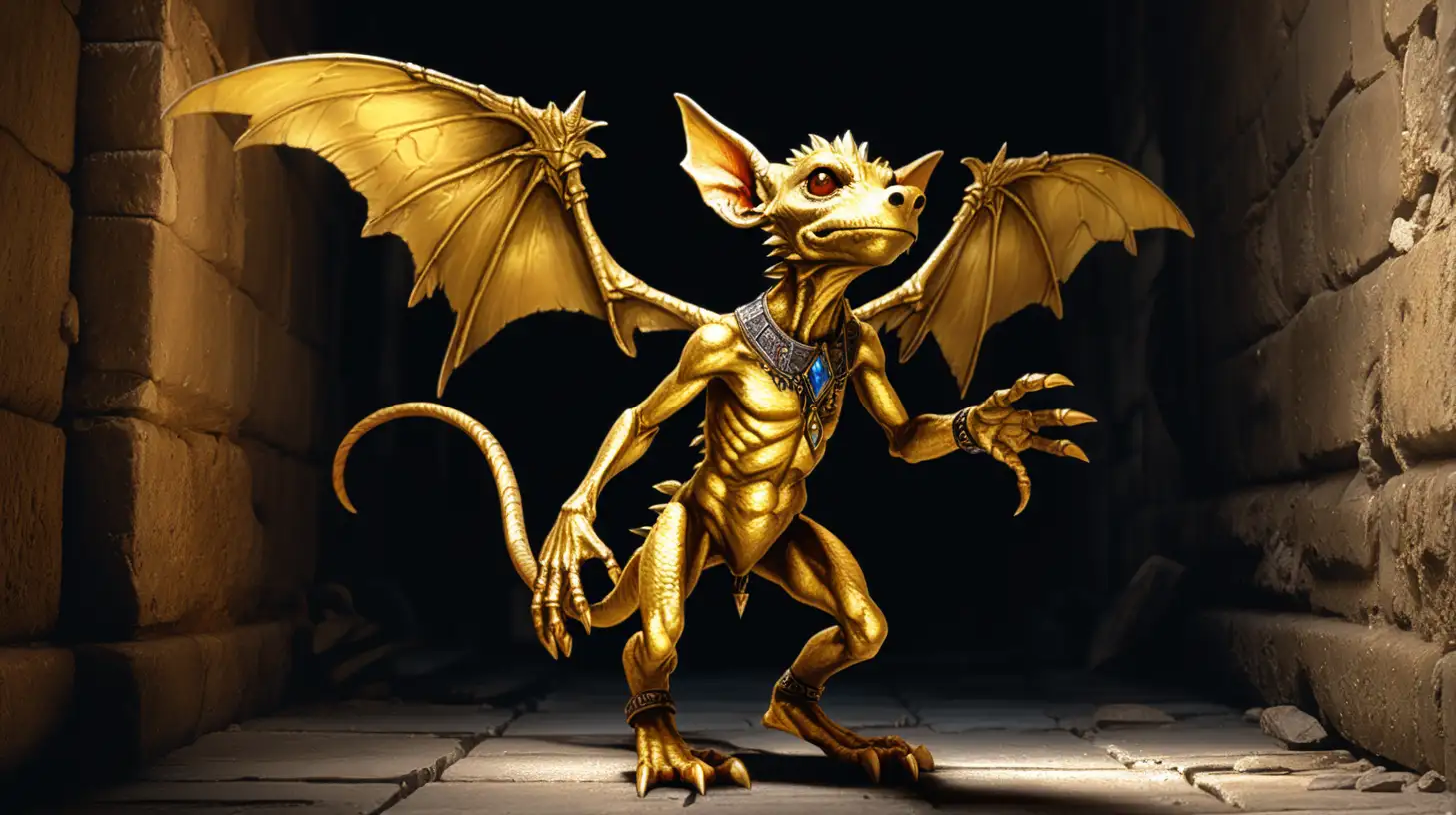 A golden kobold in D&D-model with wings. He is very old and stands in a dark ruined corridor. 
Painted in fantasy art style