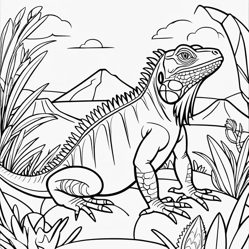 Create a coloring book page for 1 to 4 year olds. A simple cartoon cute smiling friendly faced iguana and its friendly faced parents with bold outlines in their native enviroment. The image should have no shading or block colors and no background, make sure the animal fits in the picture fully and just clear lines for coloring.