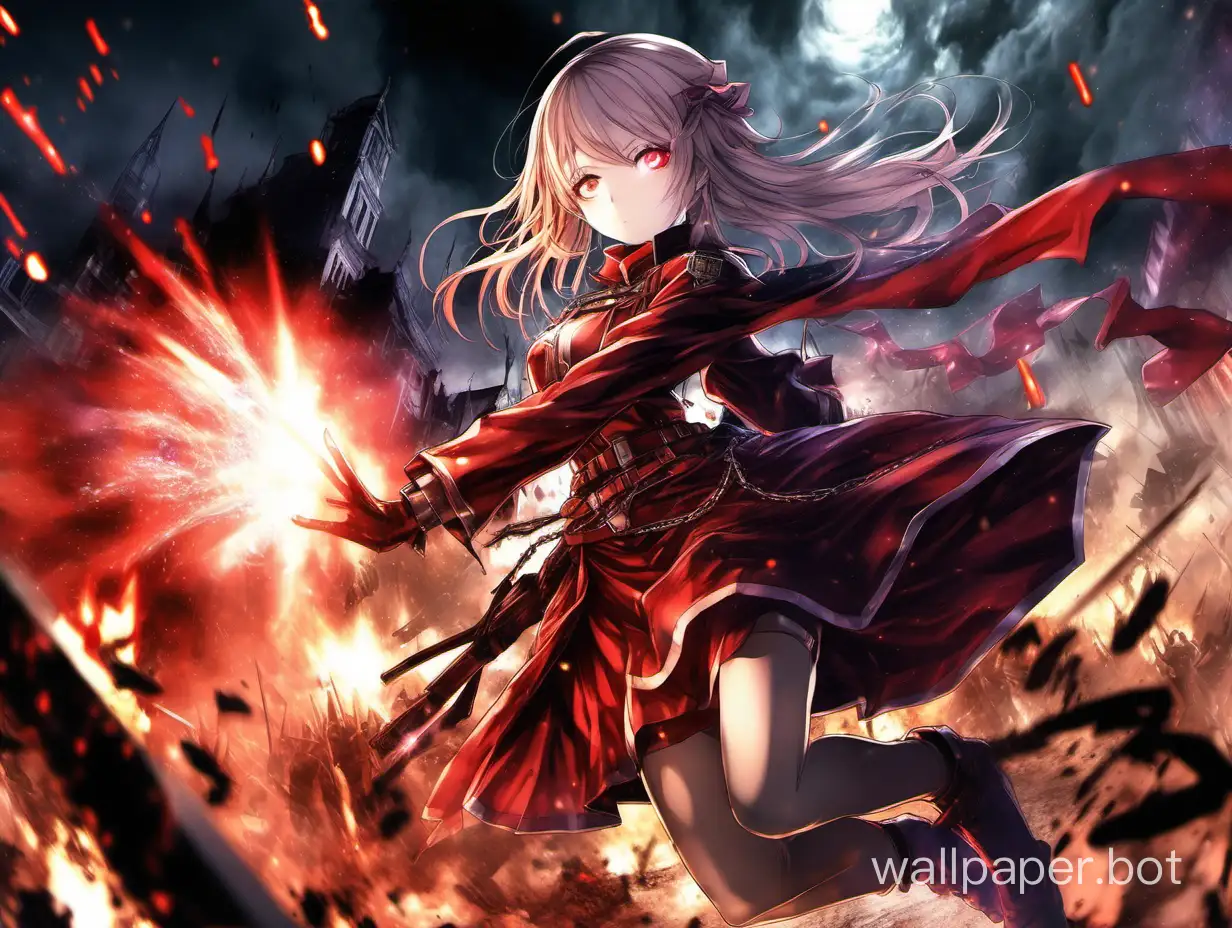 (waifu), anime girl in battlefield, eyes glowing red, dark scene, mage, war, spells, action shot, chaos,