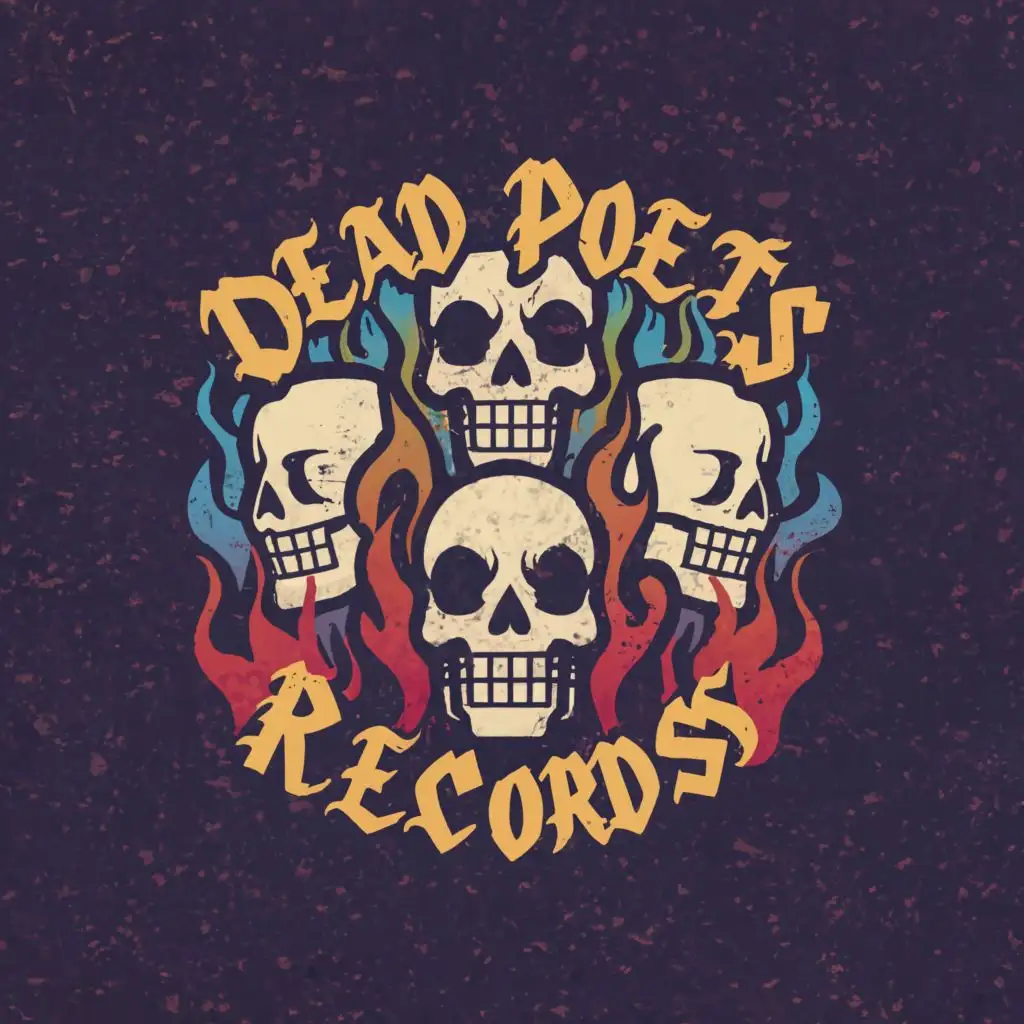 a logo design,with the text "DeadPoets Records", main symbol:3-4 Skulls on fire, colors should go red, blue, purple, and orange,Moderate,be used in Entertainment industry,clear background
