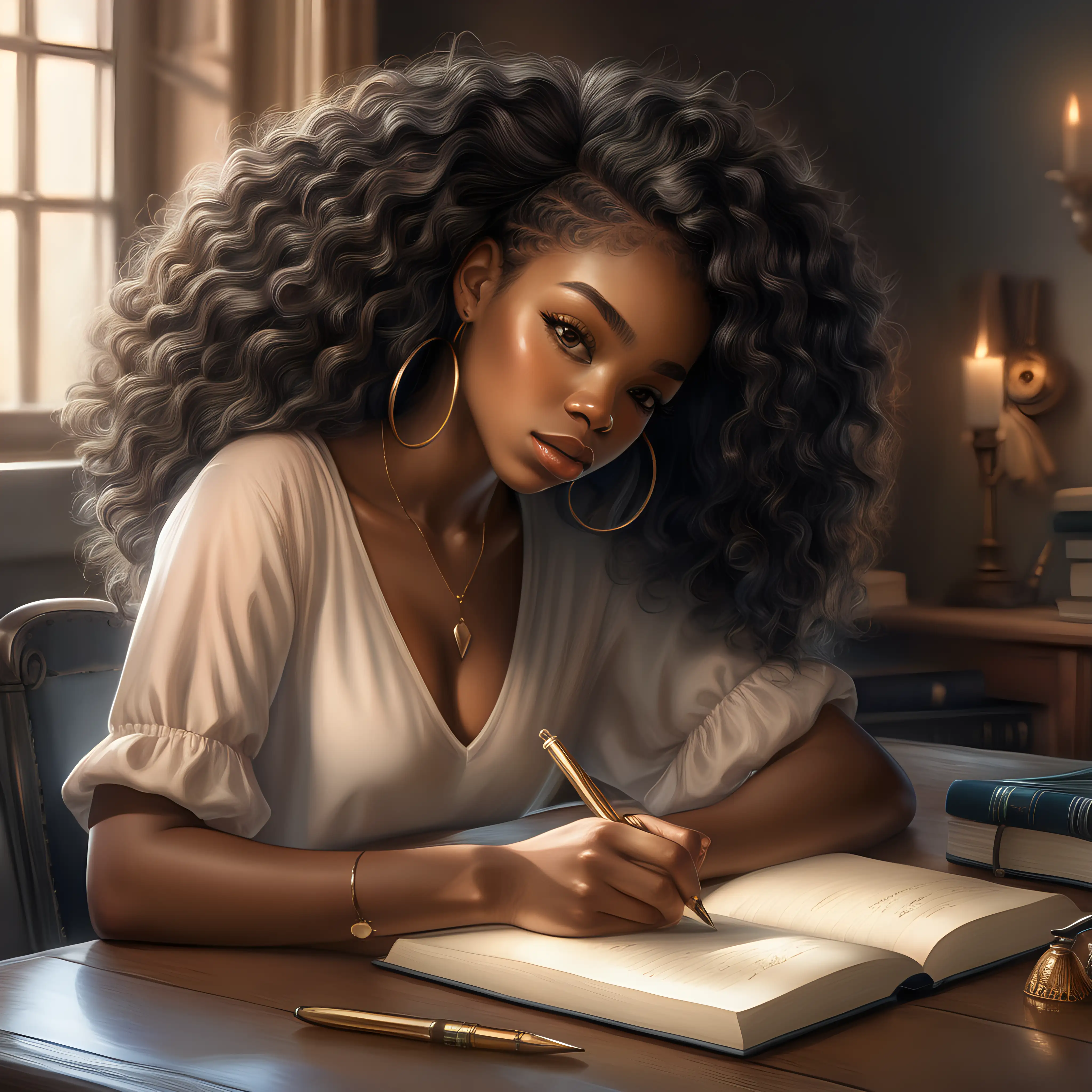 Imagine a gorgeous  black female writing in a journal