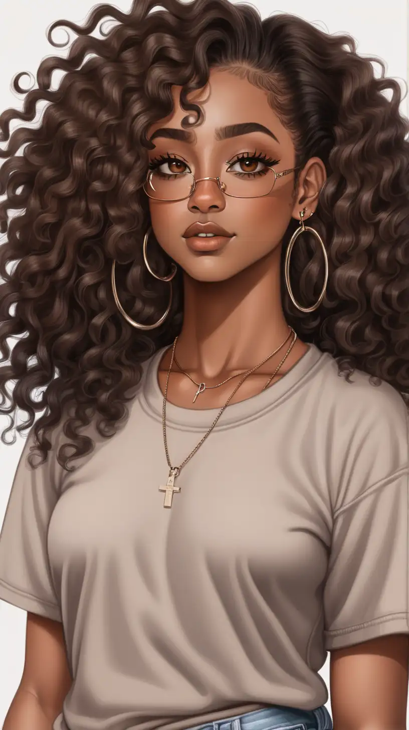 Carmen. brown skin black woman. Shoulder length curly hair, long voluptuous eyelashes, brown eyes. Has small boobs. Wears a double nose ring, sneakers, and comfy sexy streetwear. Full body