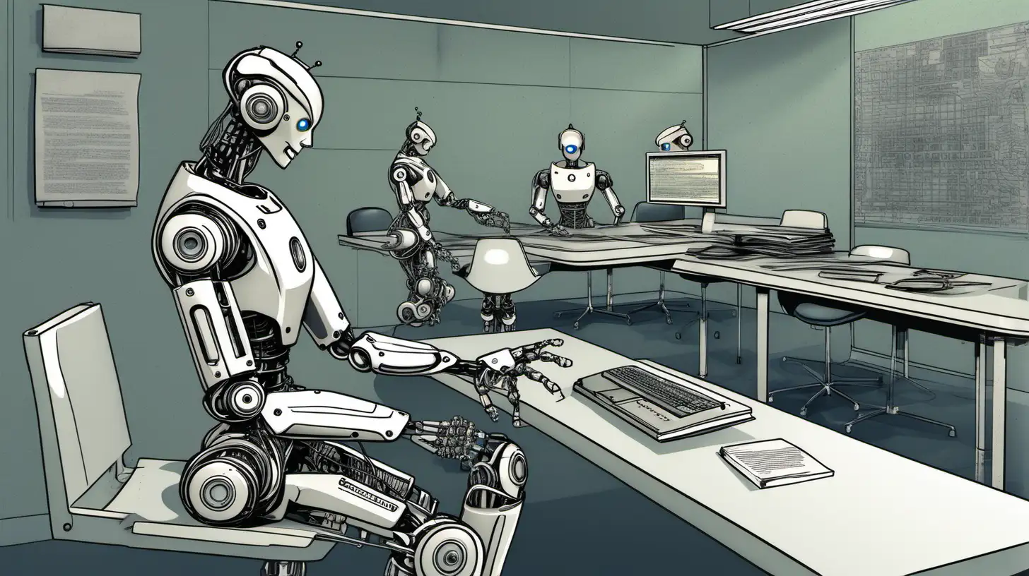 An illustration depicting a humanoid robot engaged in advanced problem-solving using artificial intelligence.