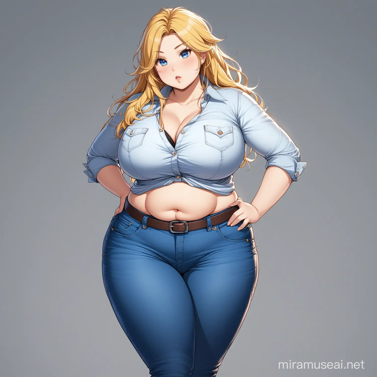 Blonde Curvy Woman in Casual Jeans and ButtonUp