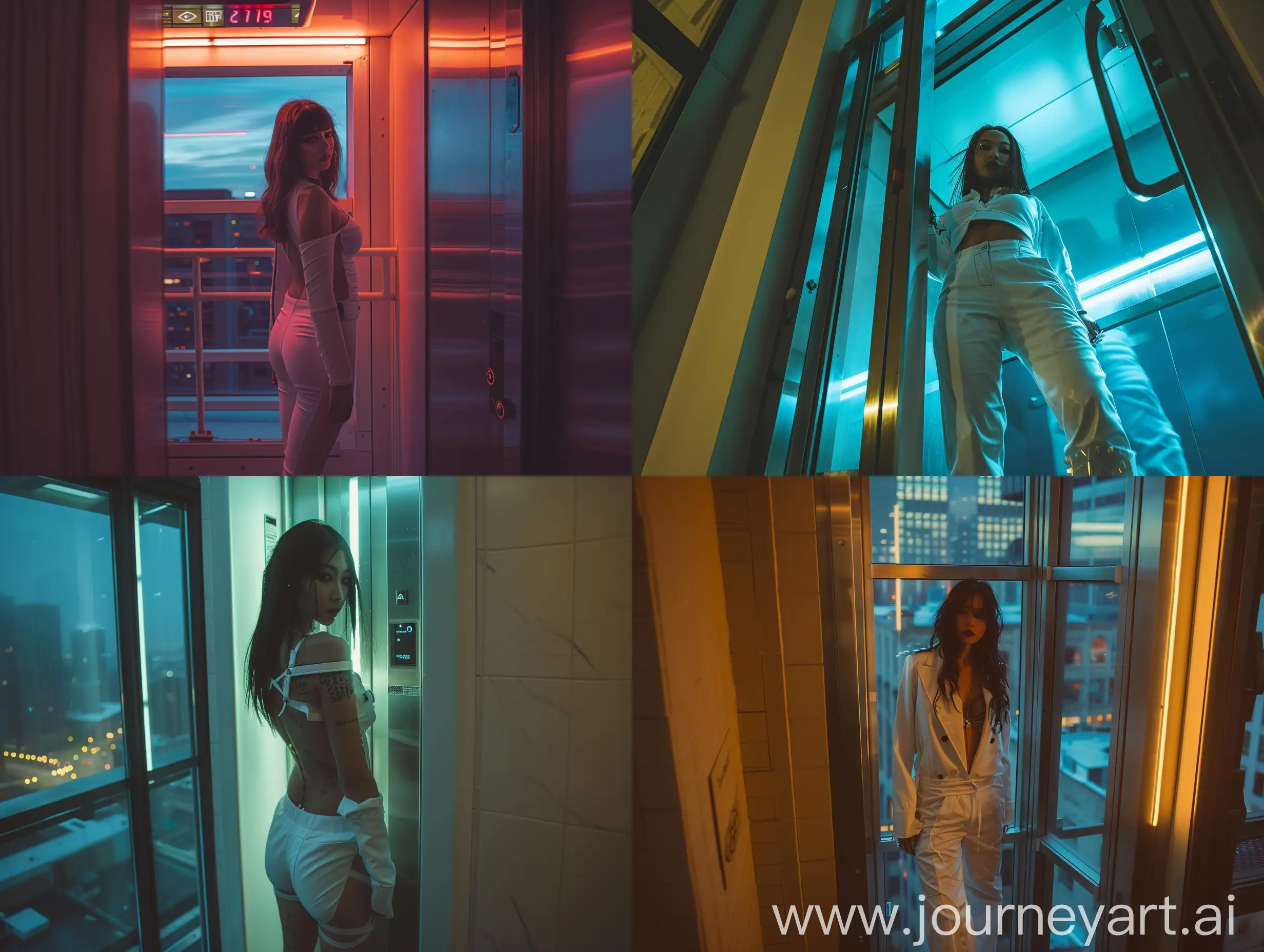 a phone photo of a cyberpunk woman standing inside a elevator near a window, wearing a white outfit, soft lighting, style raw posted on reddit in 2019, environment, Chicago, nighttime,
