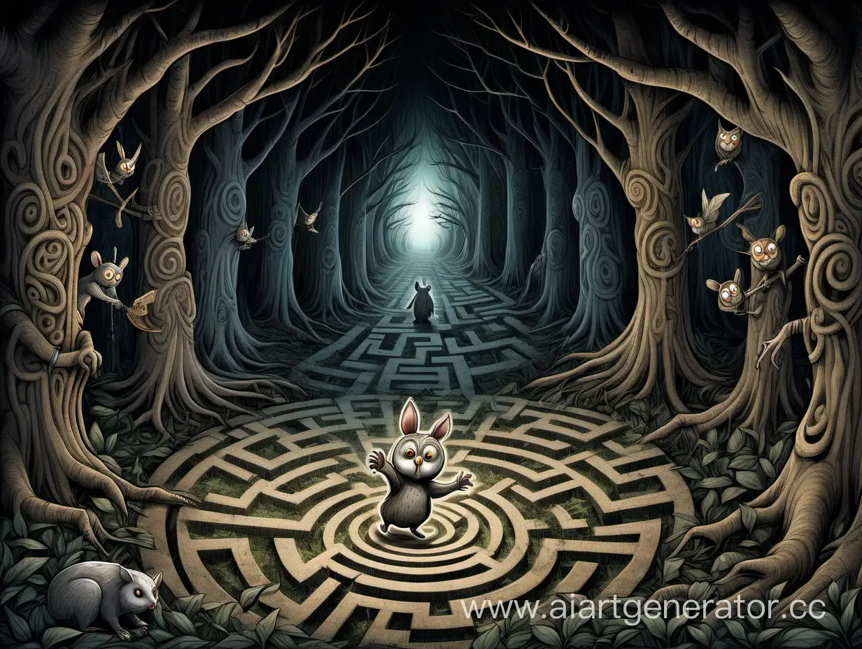 /imagine prompt: The Rabbit, the Bear, The Owl, and the Mouse stand at the entrance of the Enchanted Forest, facing the Shadow Stalker that manifests as a nightmarish labyrinth. The labyrinth's walls morph into the twisted fears of each character, creating a disorienting and anxiety-inducing atmosphere. Illustrate the intensity of the challenges they must overcome, Mixed media artwork, intricate details and layers, --ar 9:16 --v 5