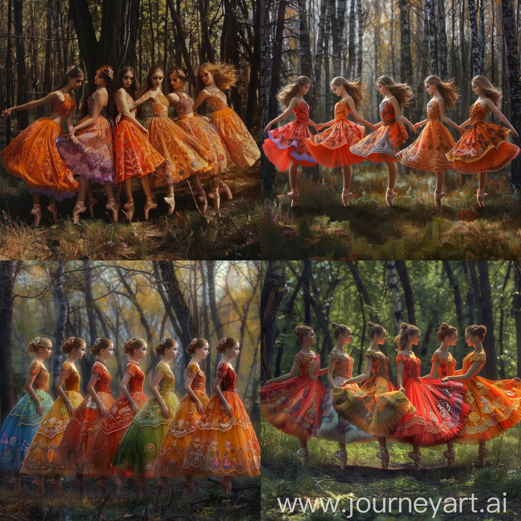 Eight very beautiful girls with a body like Jodie Gasson !!!! dressed in bright dresses with embroidery in the form of patterns!!!!!!! dancing ballet against the background of the morning  forest!!!!!!! surrealism in photography, ((masterpiece)), ((best quality)), high detail, highest detail, ah high_Detail, color, beautiful, HDR, Photorealistic