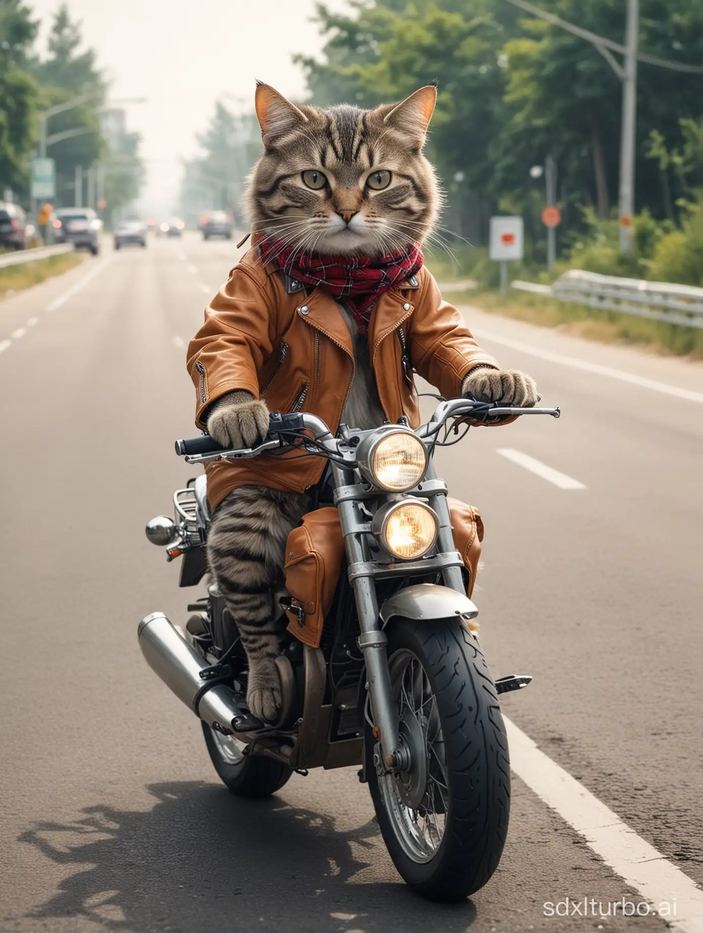 A cat anthropomorphized riding a motorcycle is speeding on the road.