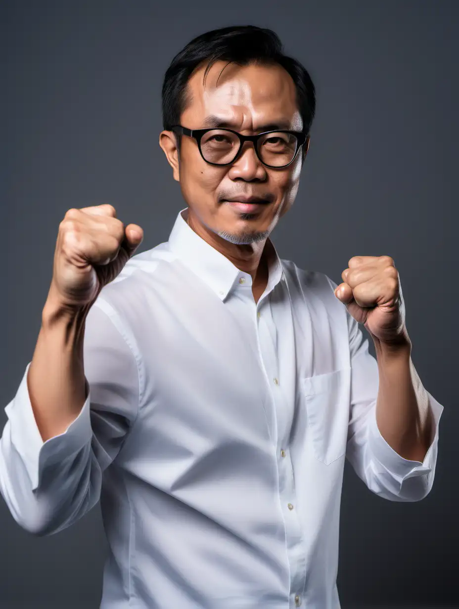 50-year-old Southeast Asian man with a round face, black short sleek hair, big forehead, wearing glasses, White regular long shirt, a full look of his face and body gesture, doing throwing fist pose, just one hand posing, right side 