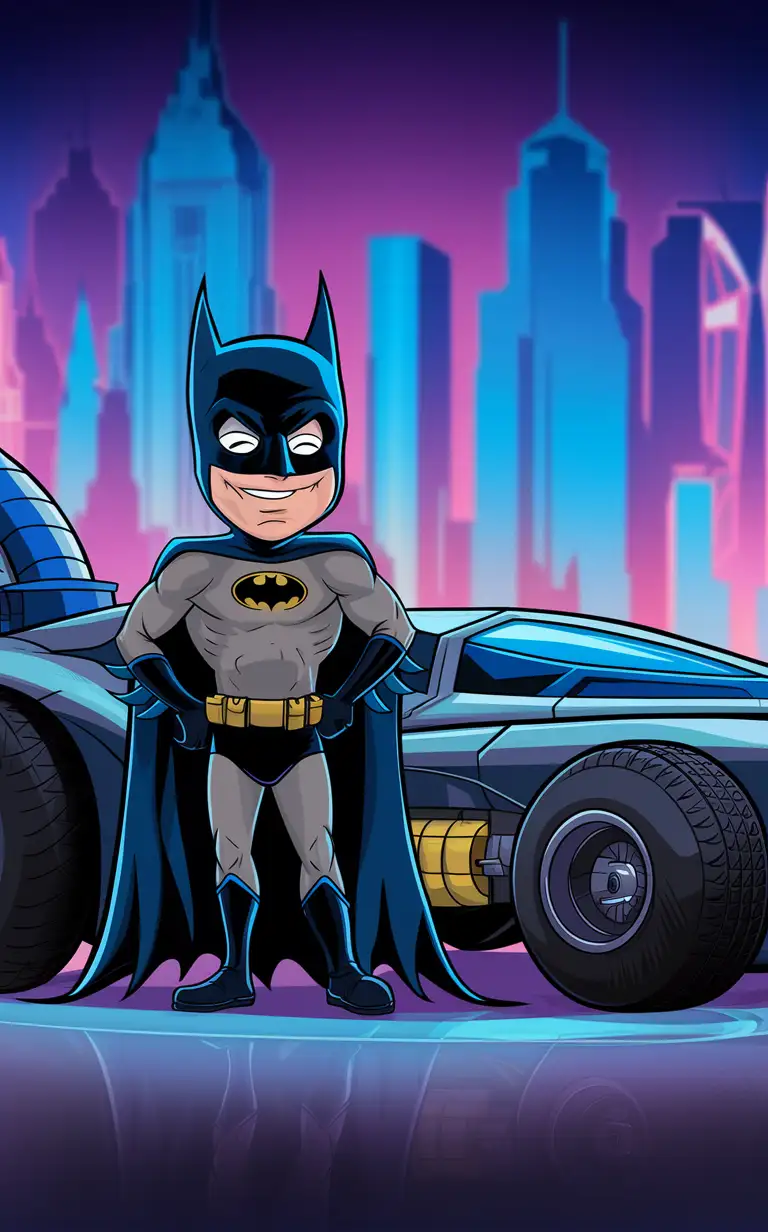 Generate an image of Batman and his car in cartoon style
