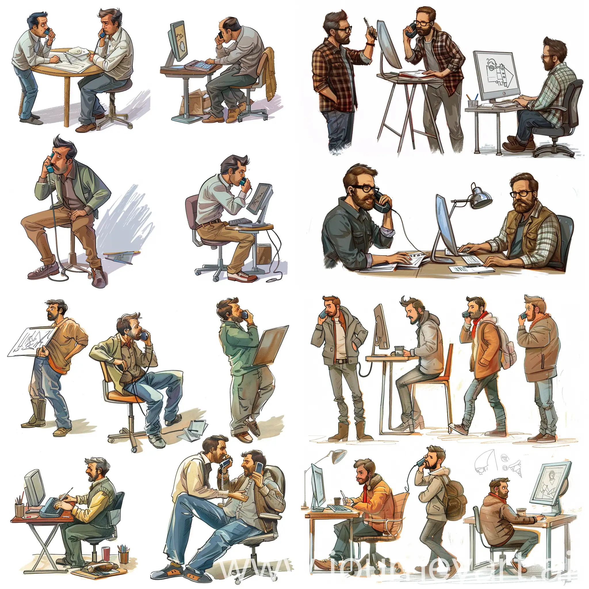 на картинке должно быть нарисовано 5 мужчин, которые делают разную работу, рисуют, говорят по телефону, сидят за компьютером. Стиль шуточный
