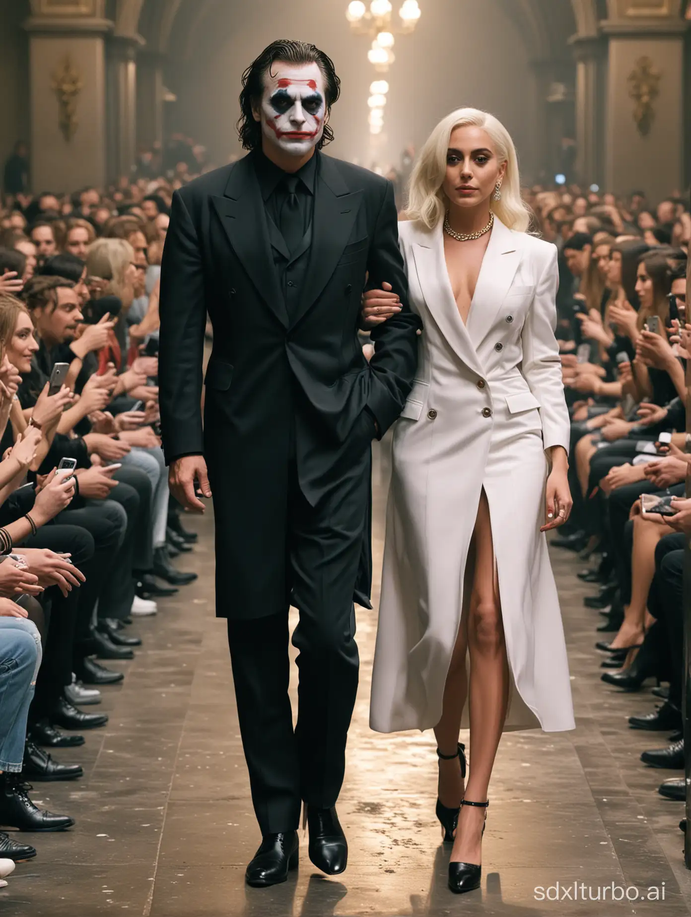 In Paris Collection, Joker and Lady Gaga walk the runway, realistic Joaquin Phoenix, realistic Lady Gaga, walking, (full body shot), (audience on both sides), Paris Collection runway, colorful, ultra-delicate photos, Paris Collection runway, (eccentric fashion), outrageous fashion, flashy fashion, Paris Collection image