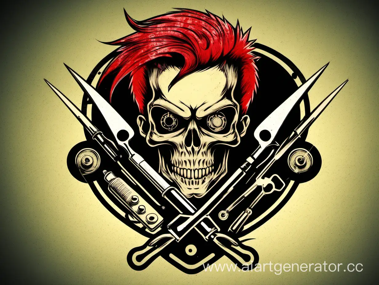 Punk-Skull-Logo-with-RedHaired-Figure-and-Soldering-Iron
