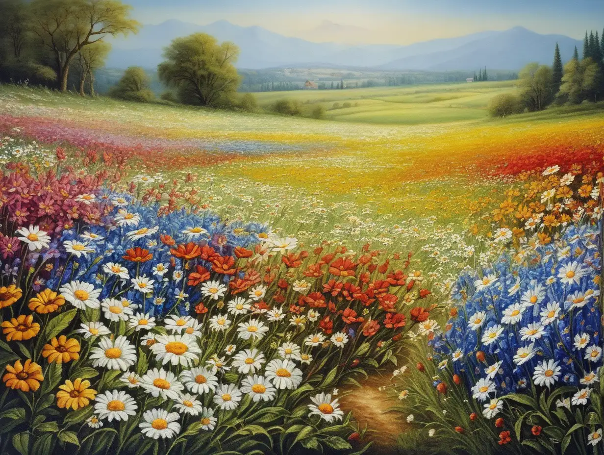 Vibrant Field of Flowers Painting Colorful Blossoms in a Serene Landscape