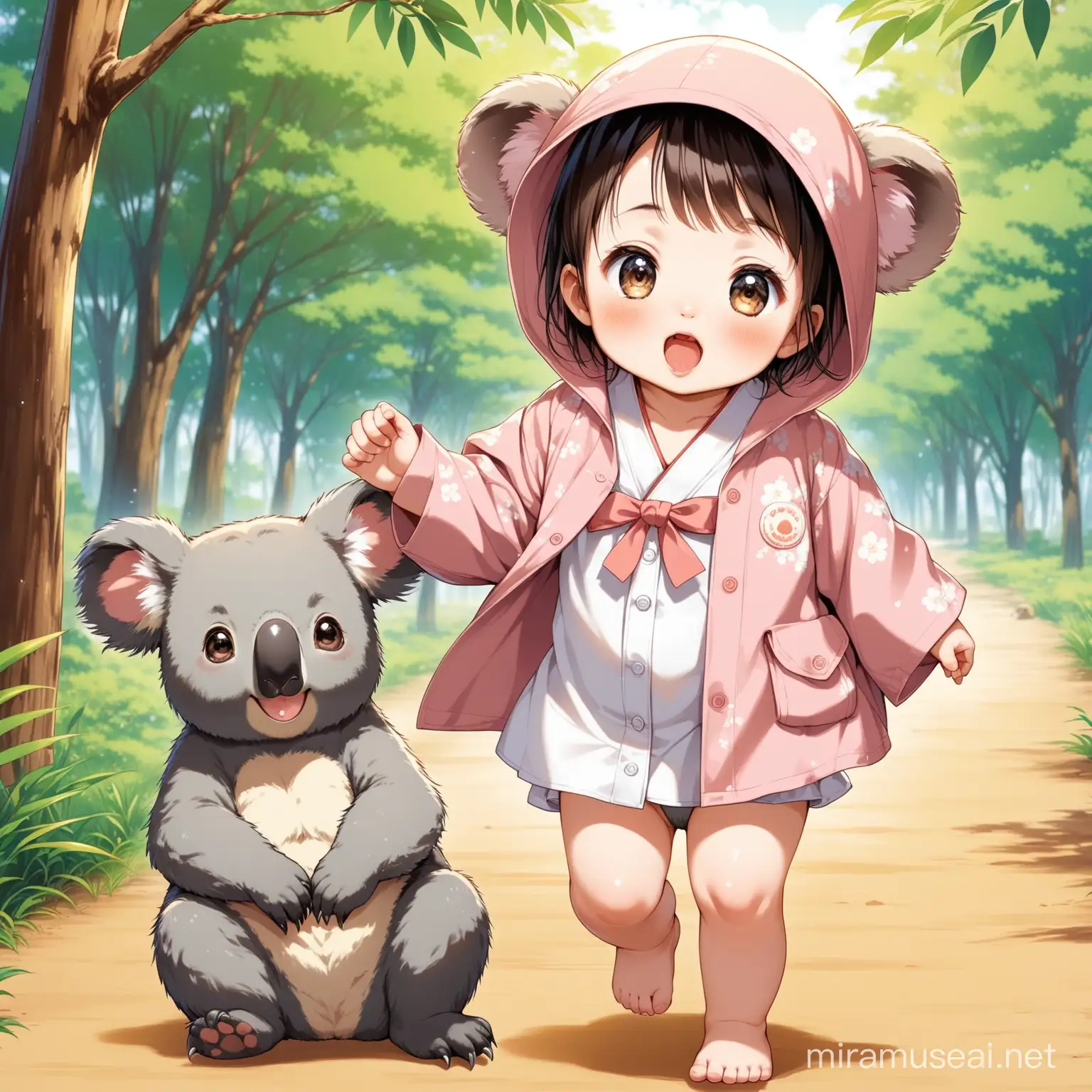 a japanese baby going to an adventure in australia, please make her walking around, add animals like kangaroo and koalas 