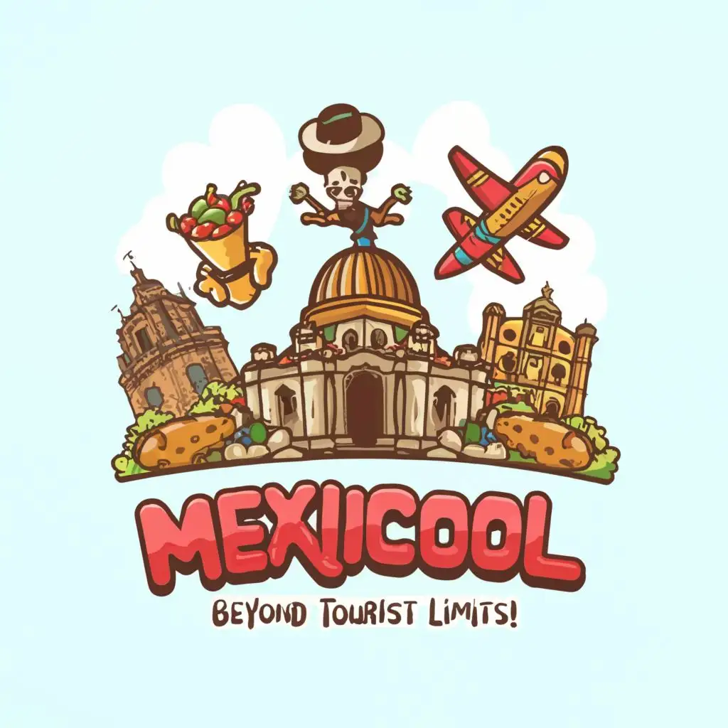 logo, plane flying over Mexico City monument, and some traditional food on the bottom, drawn in a cartoon style such as the one from popular videogame Cuphead, followed by the phrase "Beyond tourist limits!.", with the text "Mexicool Tours", typography, be used in Travel industry