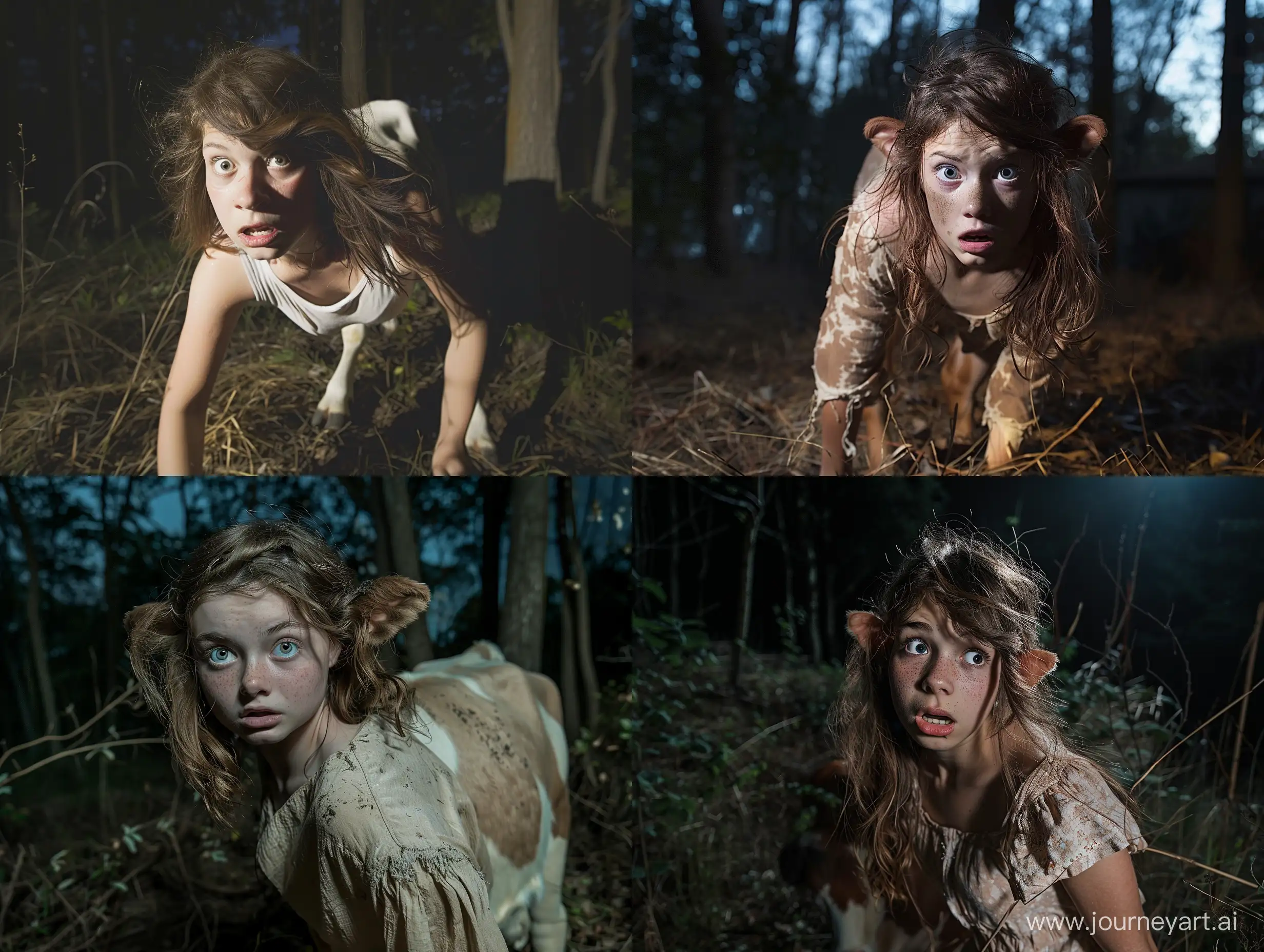 A young woman with loose brown hair, who has been transformed into a cow. The photo is taken while the transformation is almost completed. She is standing on all fours in a forest at night. She has a scared expression. Realistic photograph